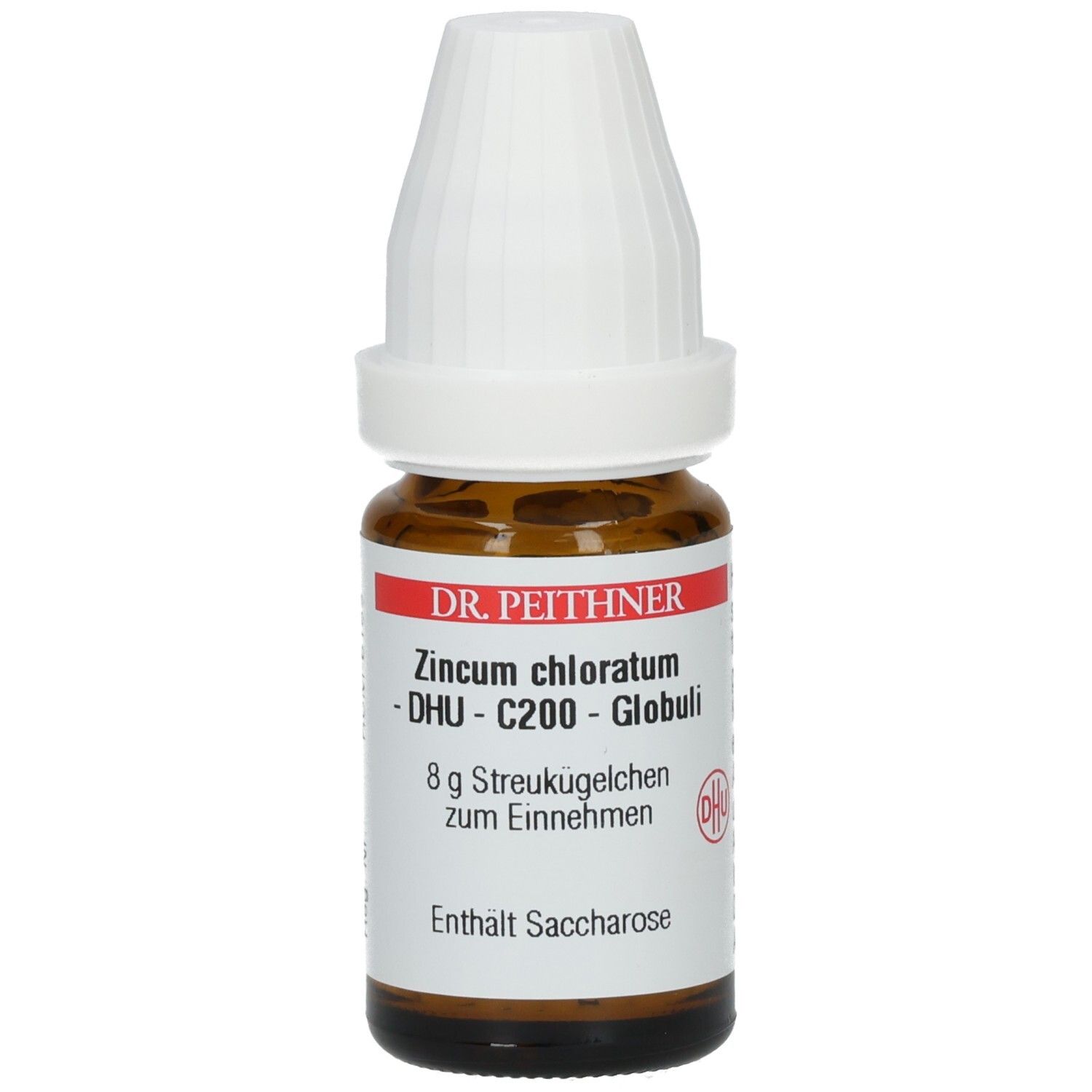 Braune Glasflasche mit weißem Deckel. Etikett mit Produktnamen, DHU-Logo und Text. Enthält Saccharose.