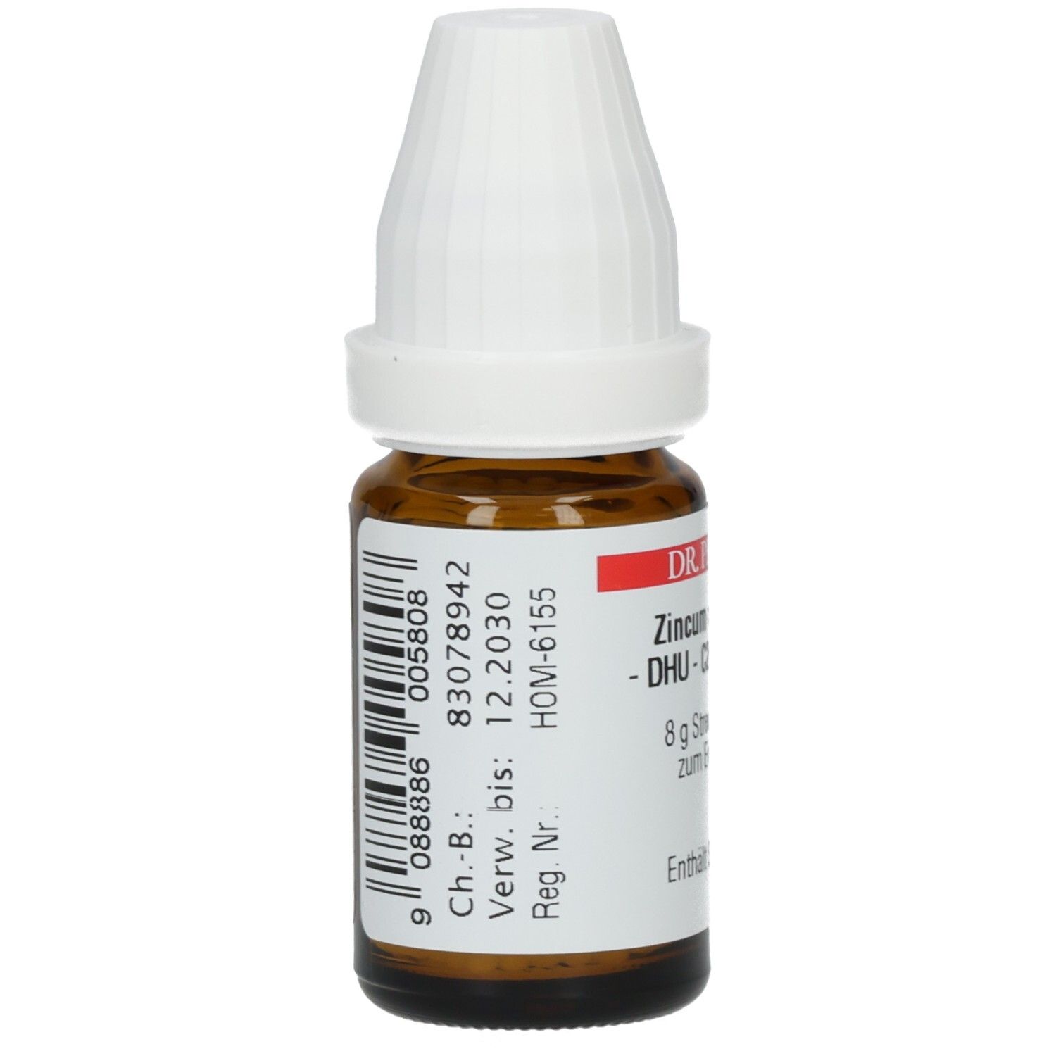 Braune Glasflasche mit weißem Deckel. Etikett mit Barcode und Text. Enthält Informationen zur Chargennummer.