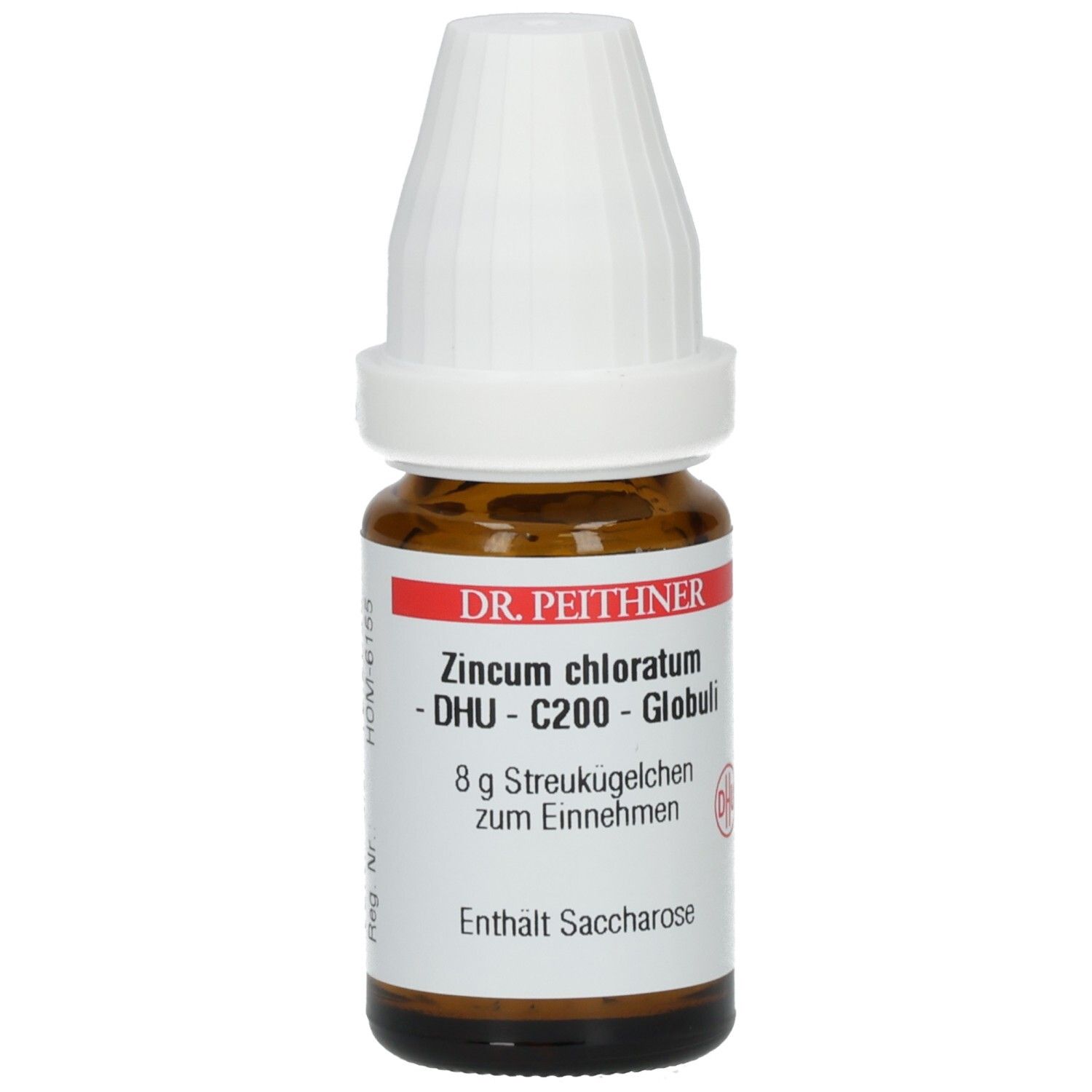 Braune Glasflasche mit weißem Deckel. Etikett mit Produktnamen, DHU-Logo und Text. Enthält Saccharose.