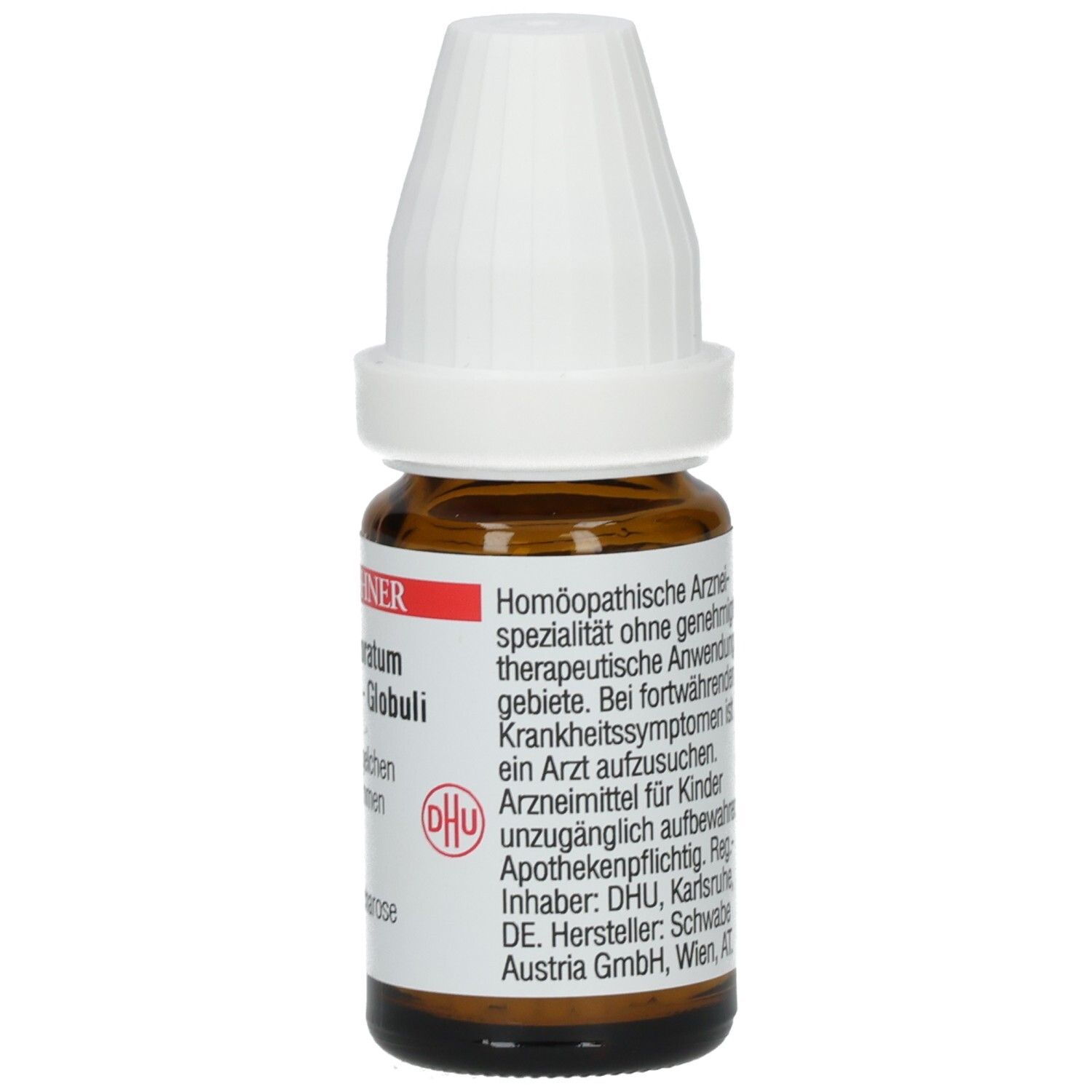 Braune Glasflasche mit weißem Deckel. Etikett mit Text. Enthält Informationen zu homöopathischen Arzneimitteln.