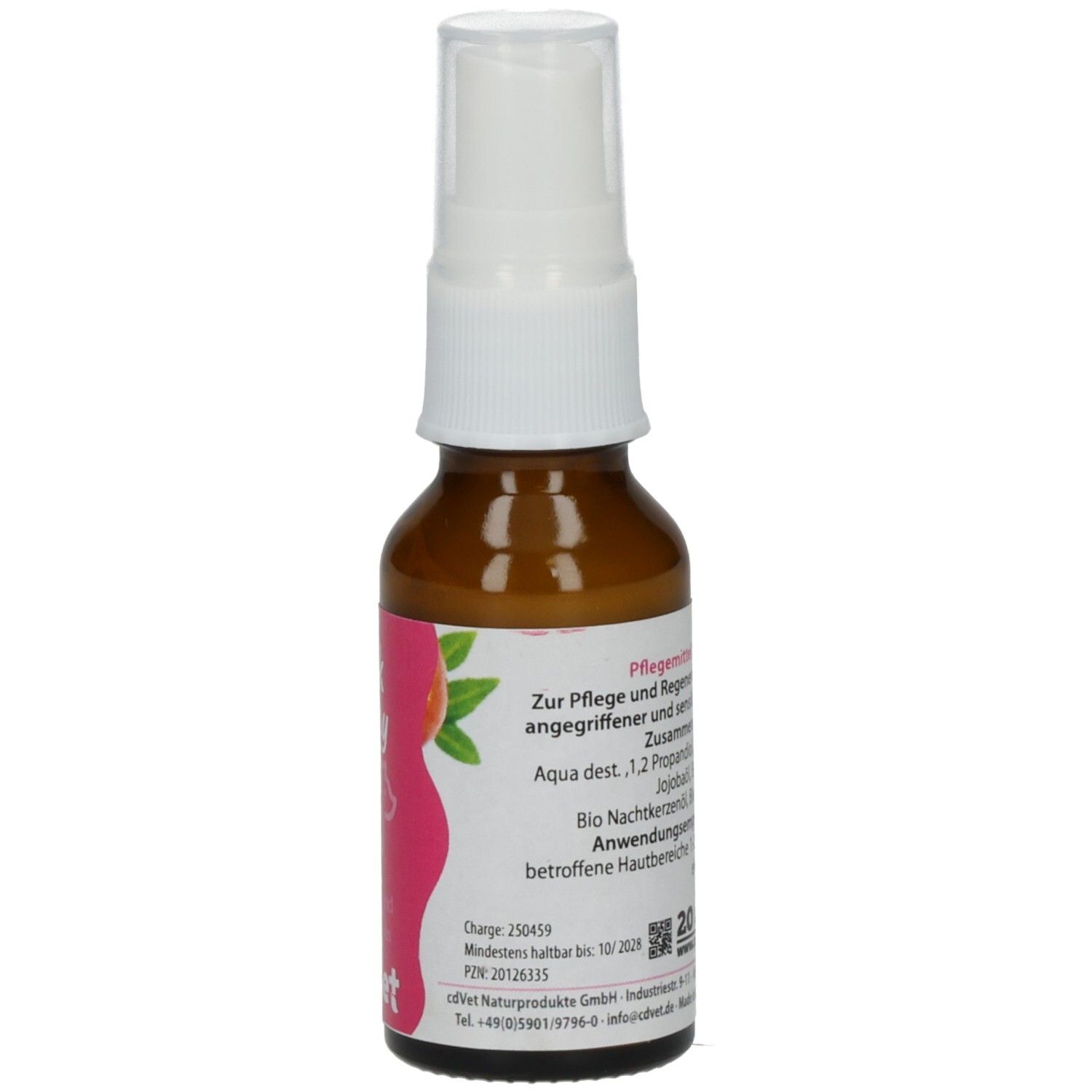 Braune Glasflasche mit weißem Sprühkopf. Rosa Etikett mit "Zink Spray" und Logo. "VeaVet" darunter.