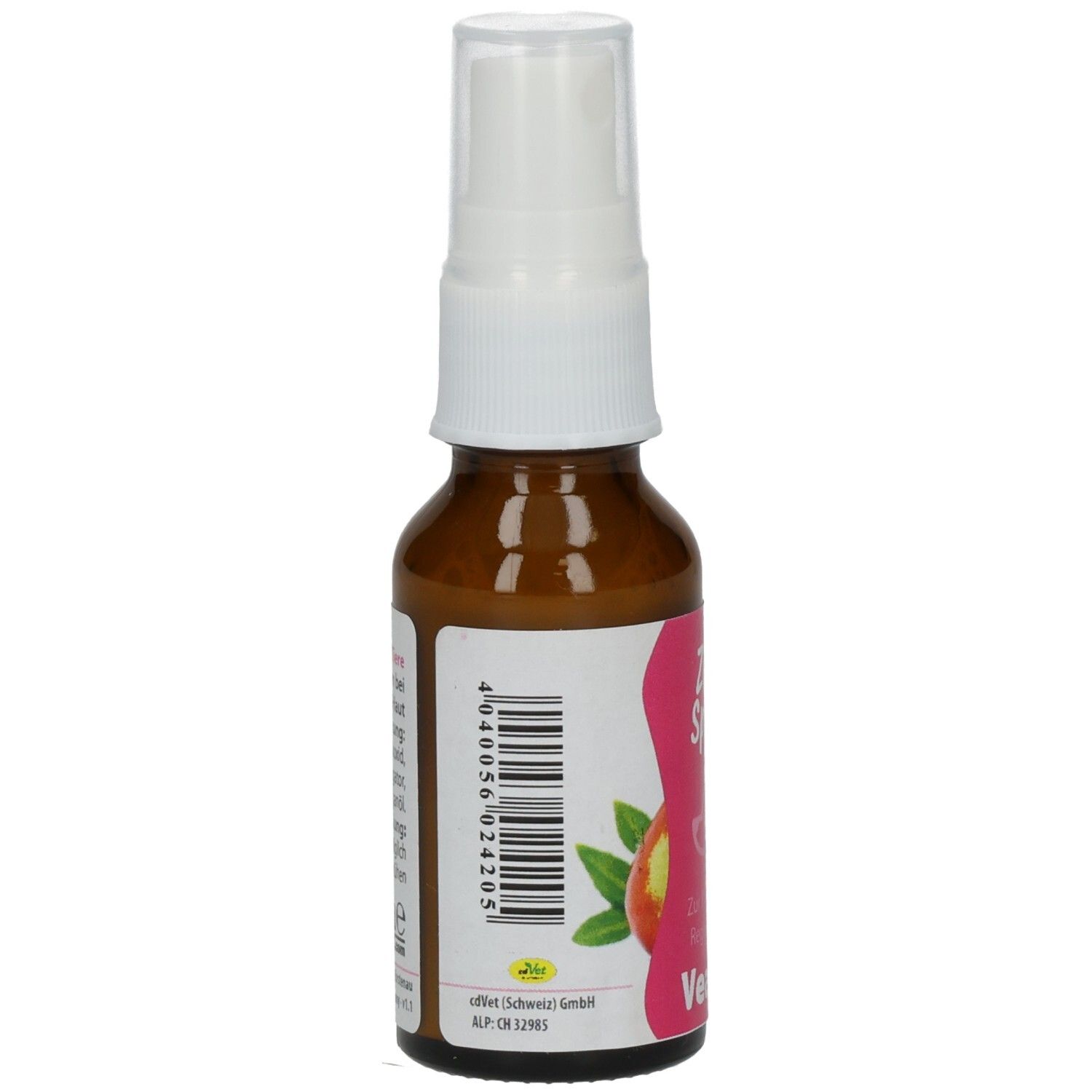 Braune Glasflasche mit weißem Sprühkopf. Etikett mit Barcode und Text. "Zink Spray" und "VeaVet" sind sichtbar.