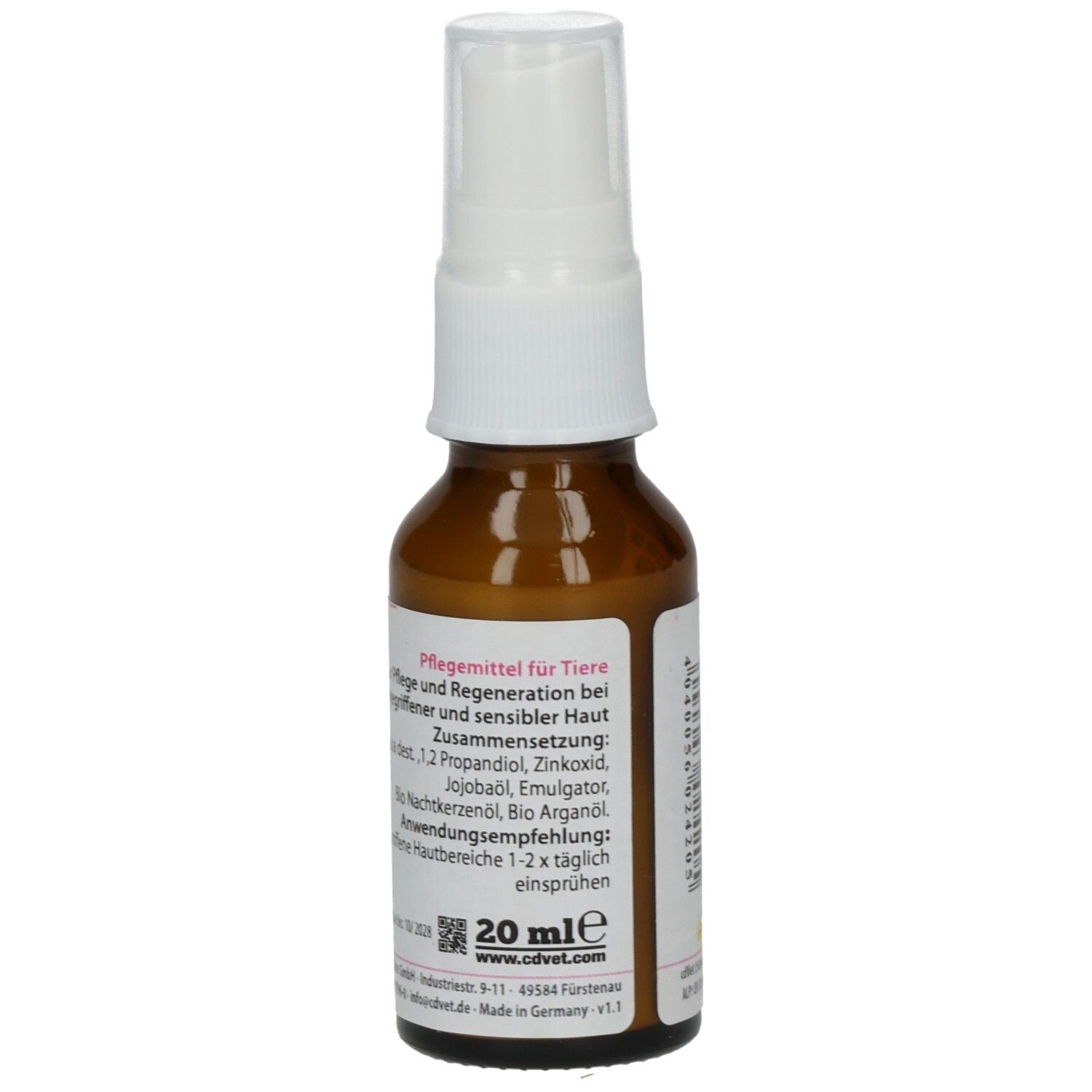 Braune Glasflasche mit weißem Sprühkopf. Rückseite mit Text. "20 ml" und Inhaltsstoffe sind angegeben.