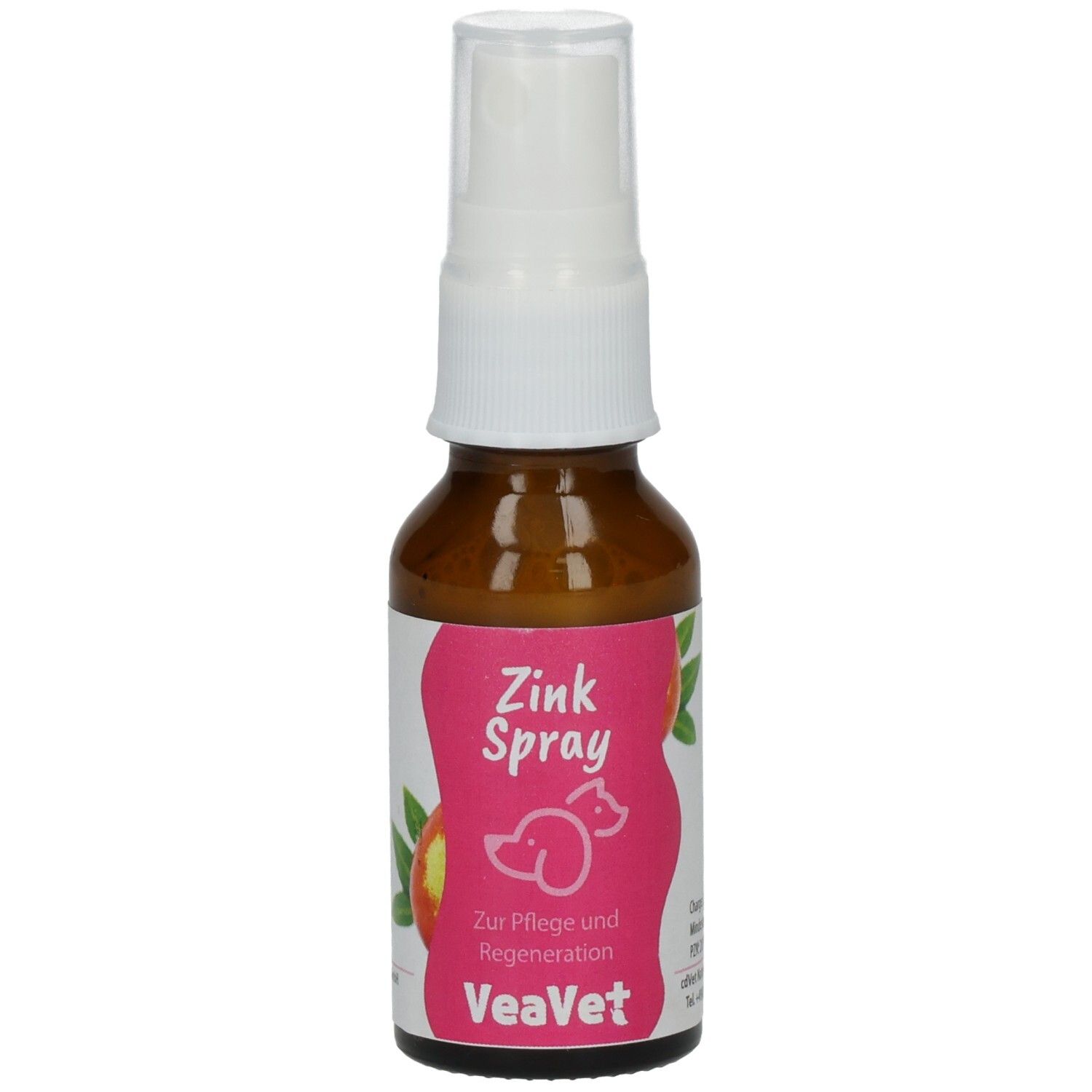 Braune Glasflasche mit weißem Sprühkopf. Rosa Etikett mit "Zink Spray" und Logo. "VeaVet" darunter.