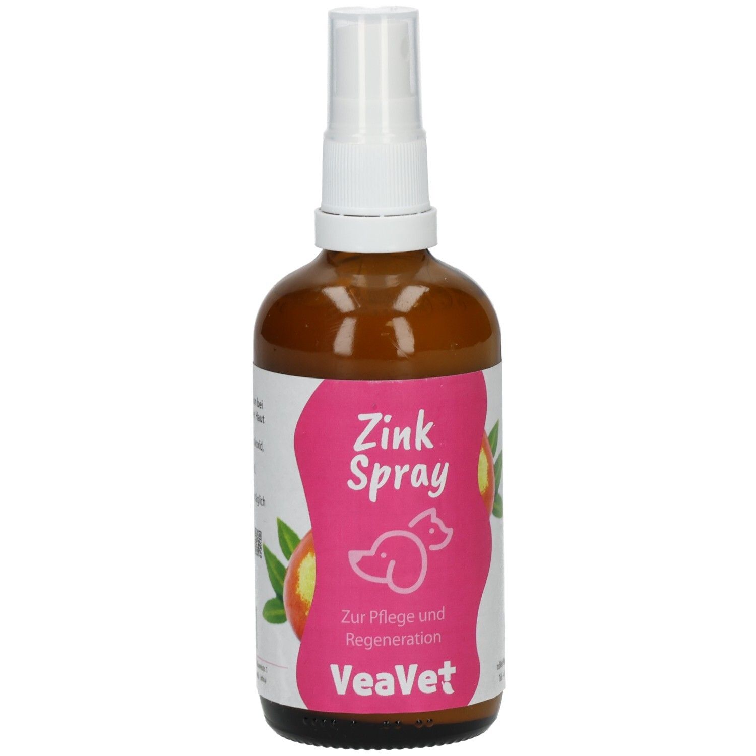Braune Sprühflasche mit weißem Sprühkopf. Rosa Etikett mit Text: Zink Spray, VeaVet. Abbildung: Hund und Katze.
