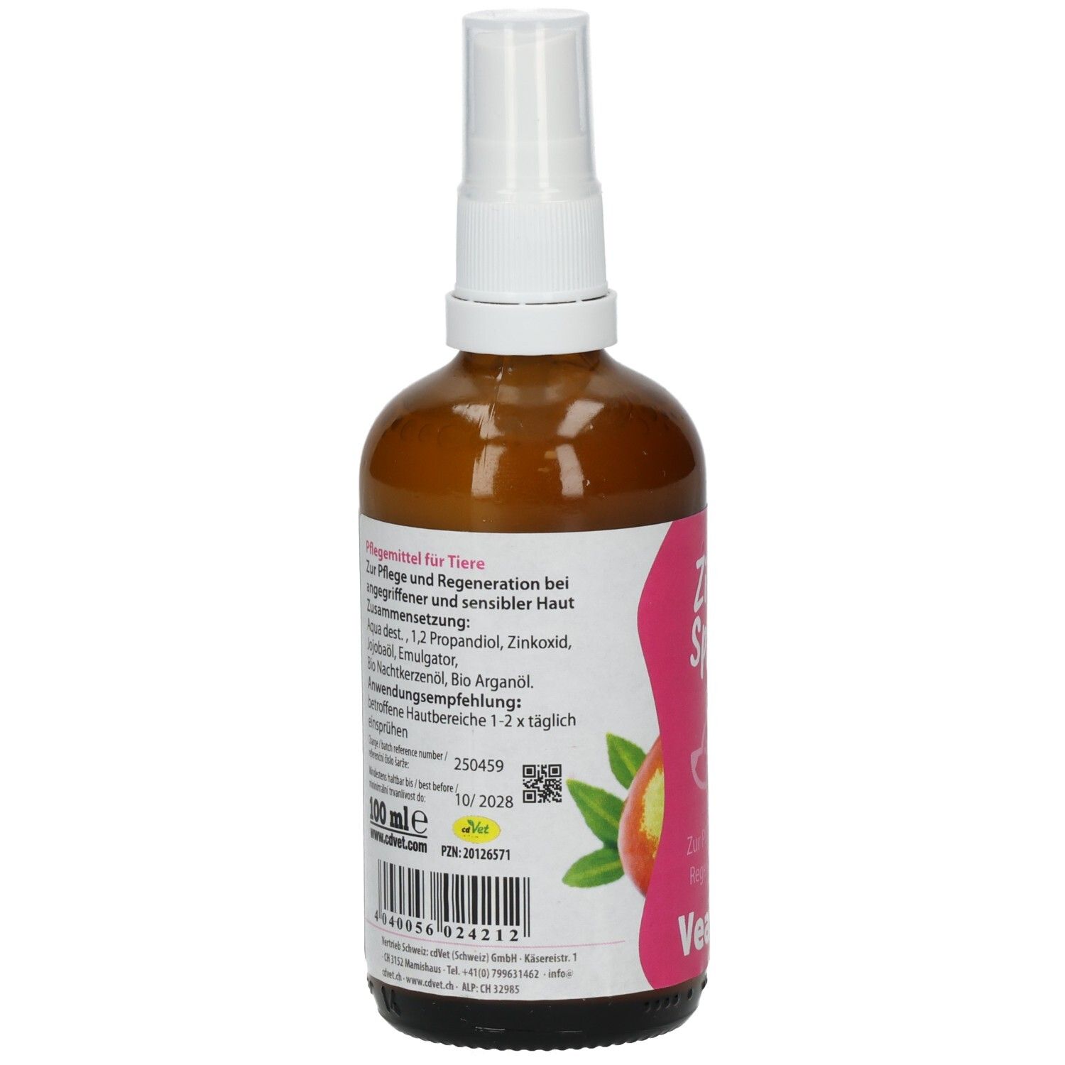 Rückseite der braunen Sprühflasche. Rosa Etikett mit Text und Inhaltsstoffen. QR-Code und Haltbarkeitsdatum 10/2028.