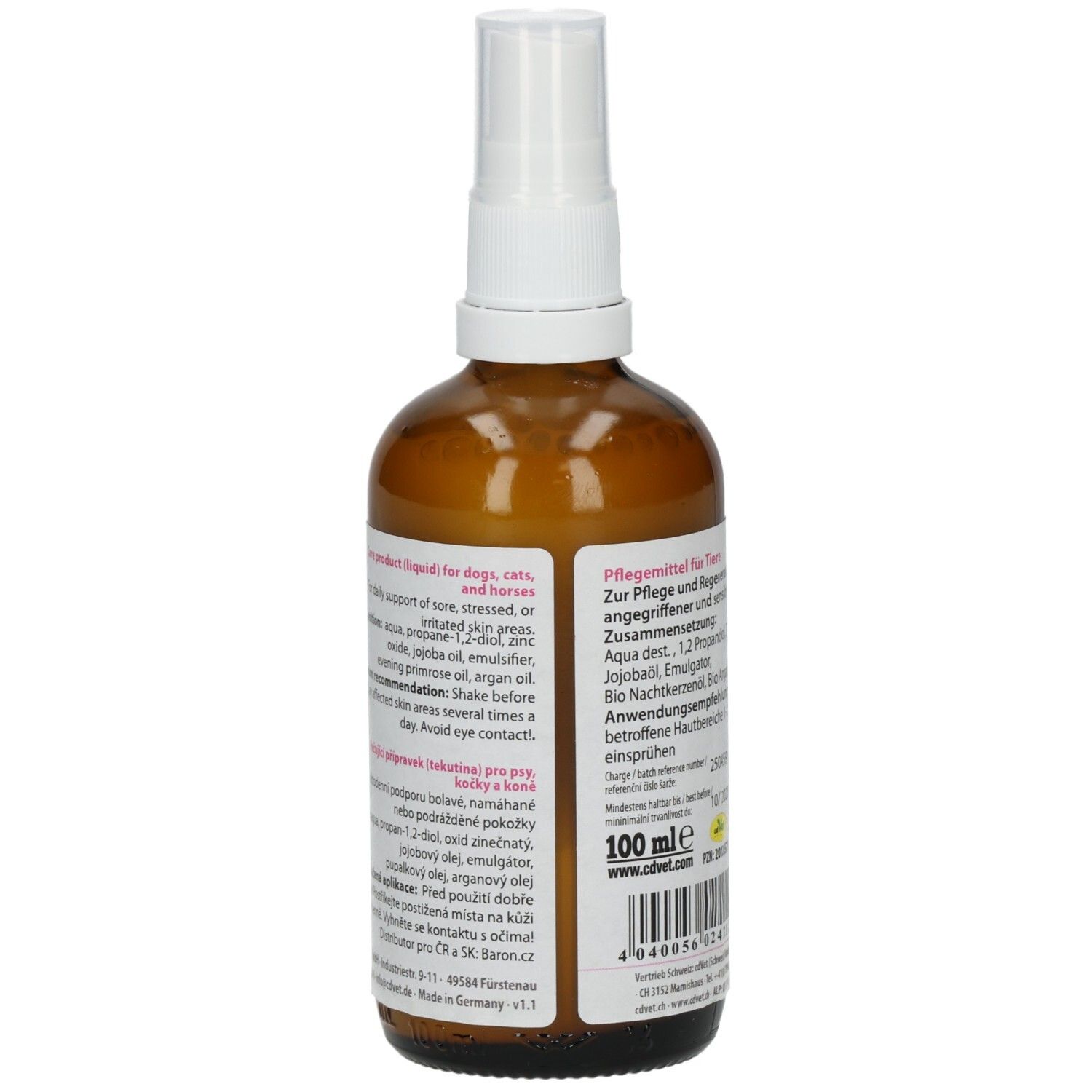 Rückseite der braunen Sprühflasche. Text in mehreren Sprachen. Inhaltsstoffe und Anwendungshinweise.