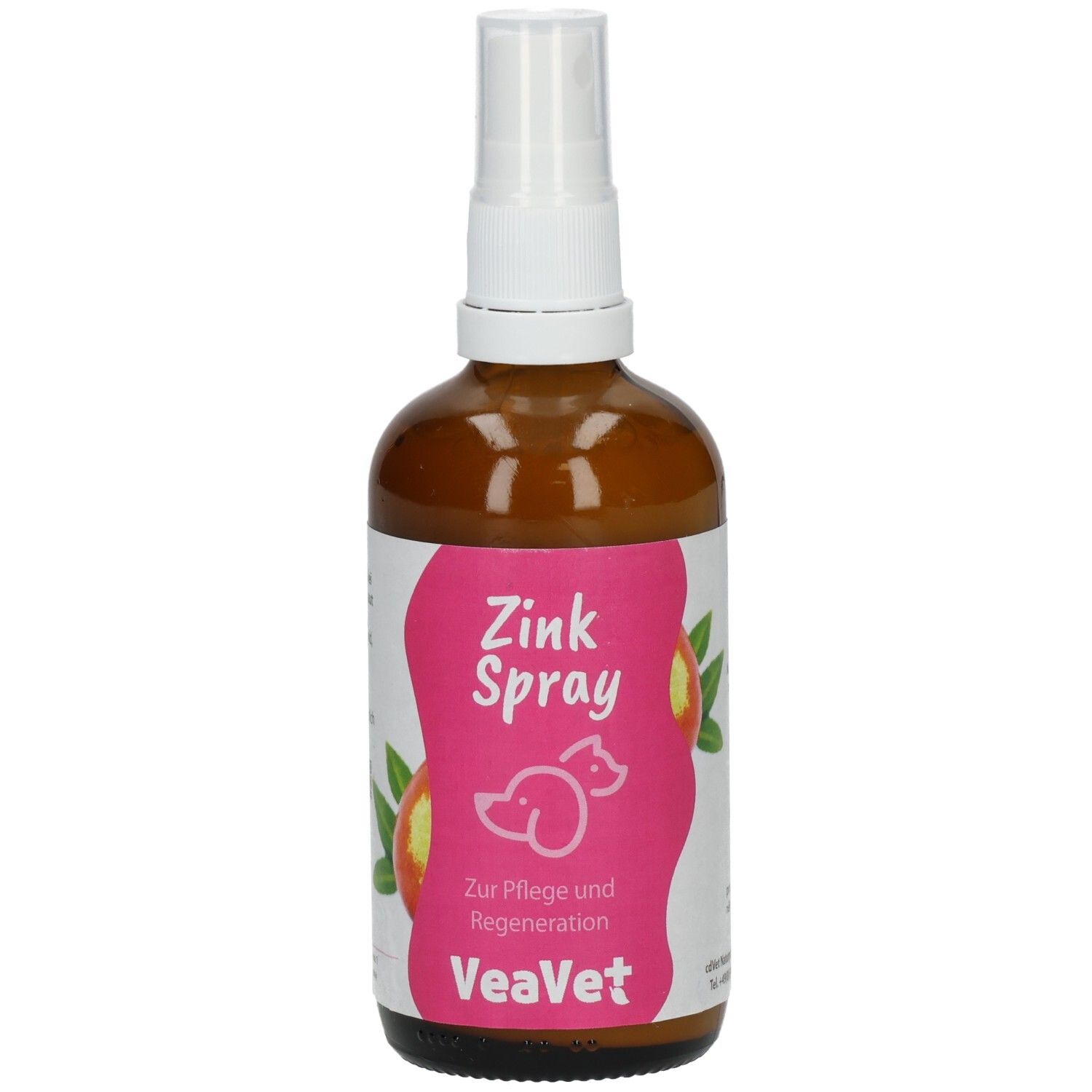 Braune Sprühflasche mit weißem Sprühkopf. Rosa Etikett mit Text: Zink Spray, VeaVet. Abbildung: Hund und Katze.
