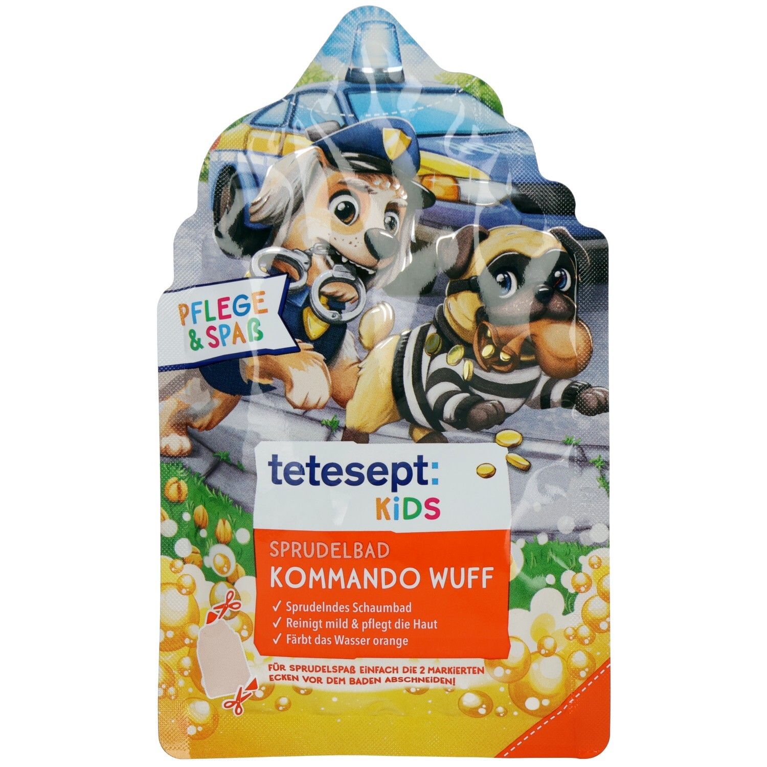 Verpackung mit Hunde-Illustrationen. Enthält tetesept KIDS Sprudelbad Kommando Wuff. Text: Sprudelndes Schaumbad, reinigt mild, färbt Wasser orange.
