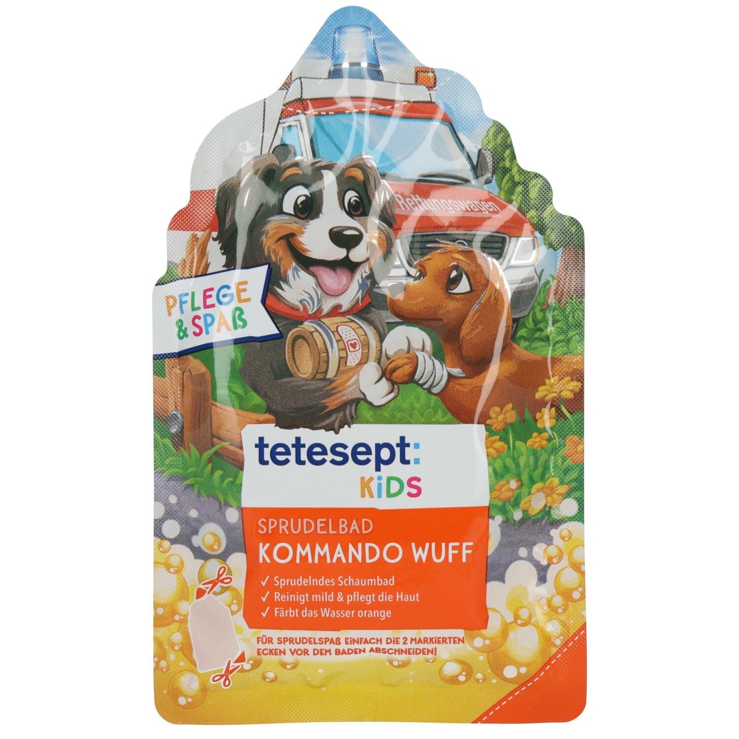 tetesept KIDS Sprudelbad Kommando Wuff Schaumbad mit zwei Hunden und Krankenwagen-Motiv.