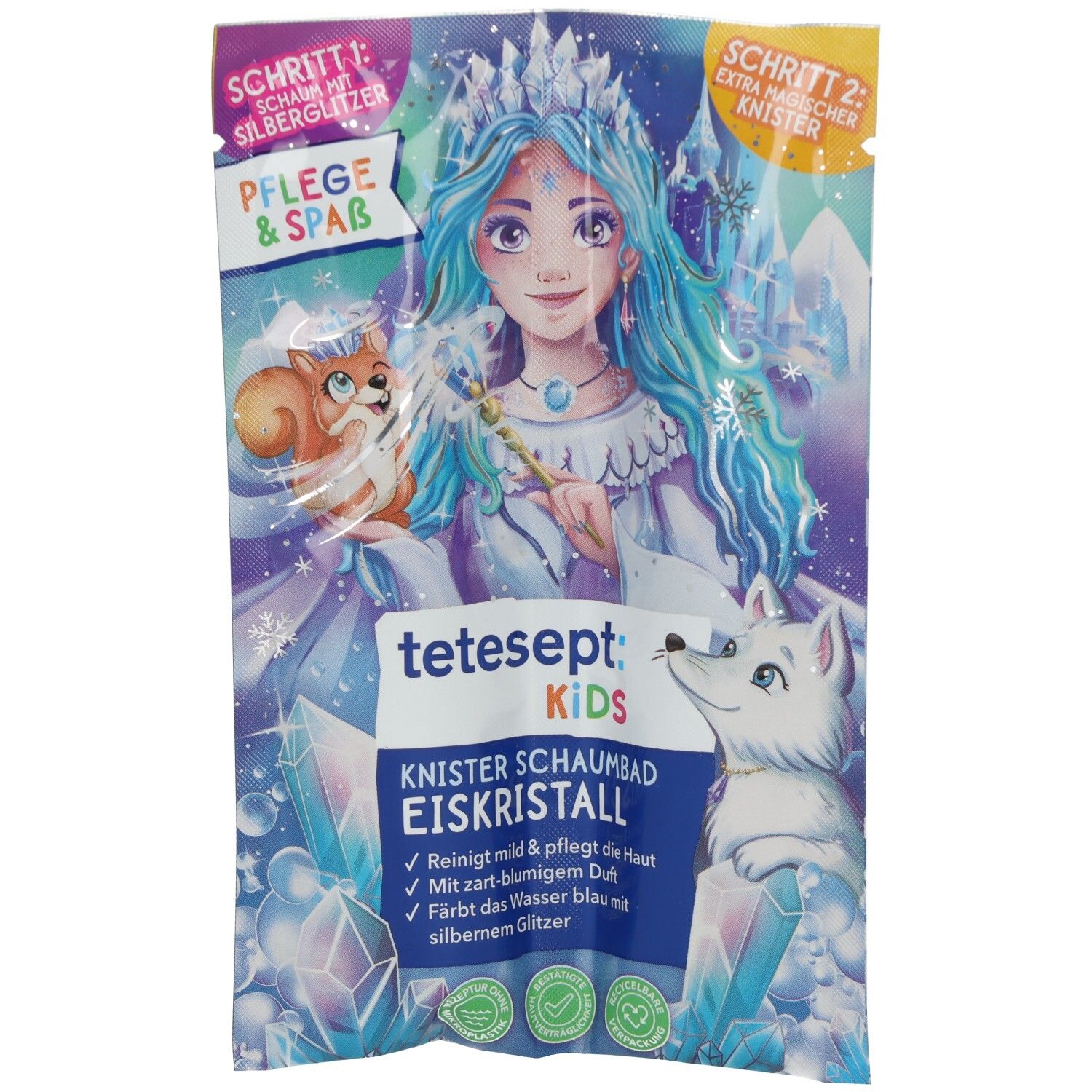 Verpackung mit Produktabbildung. Aufdruck: tetesept Kids Knister Schaumbad Eiskristall. Abbildung einer Eisprinzessin und Tiere.