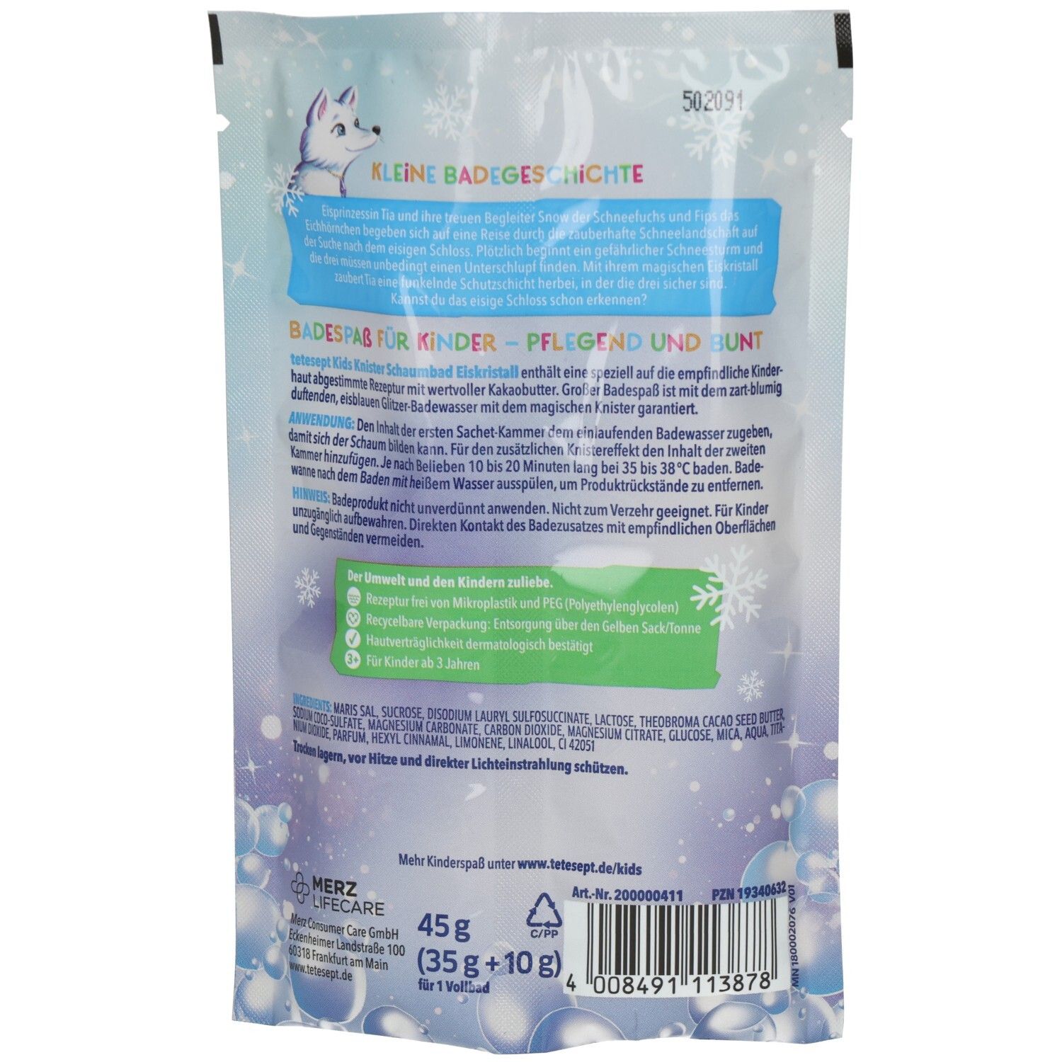 Rückseite der Produktverpackung. Text und Inhaltsstoffe. Logo: Herz. Angaben zur Anwendung und Warnhinweise.