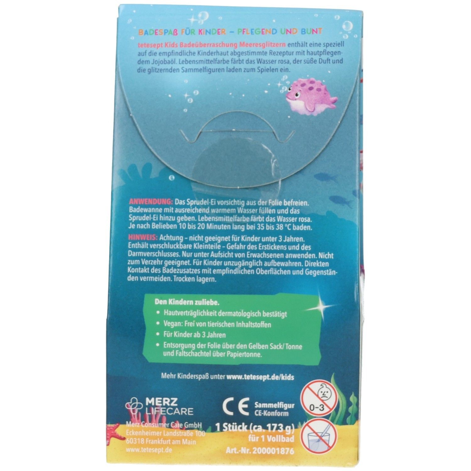 Rückseite der Verpackung. Text: tetesept KIDS Badeüberraschung Meeresglitzern. Dermatologisch bestätigt. 1 Stück. CE-Konform.