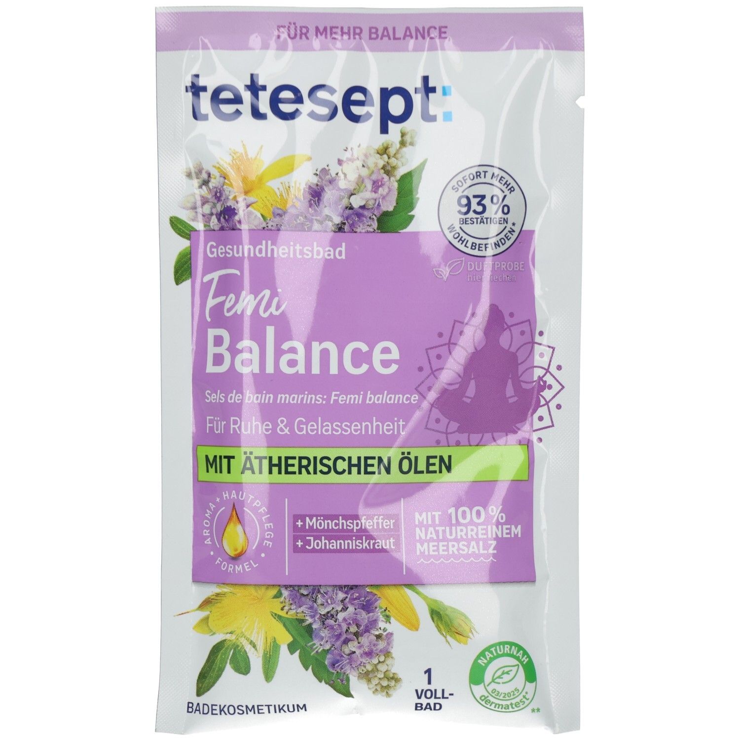 Verpackung von tetesept Femi Balance. Gesundheitsbad mit ätherischen Ölen und Meersalz. Enthält Mönchspfeffer und Johanniskraut.