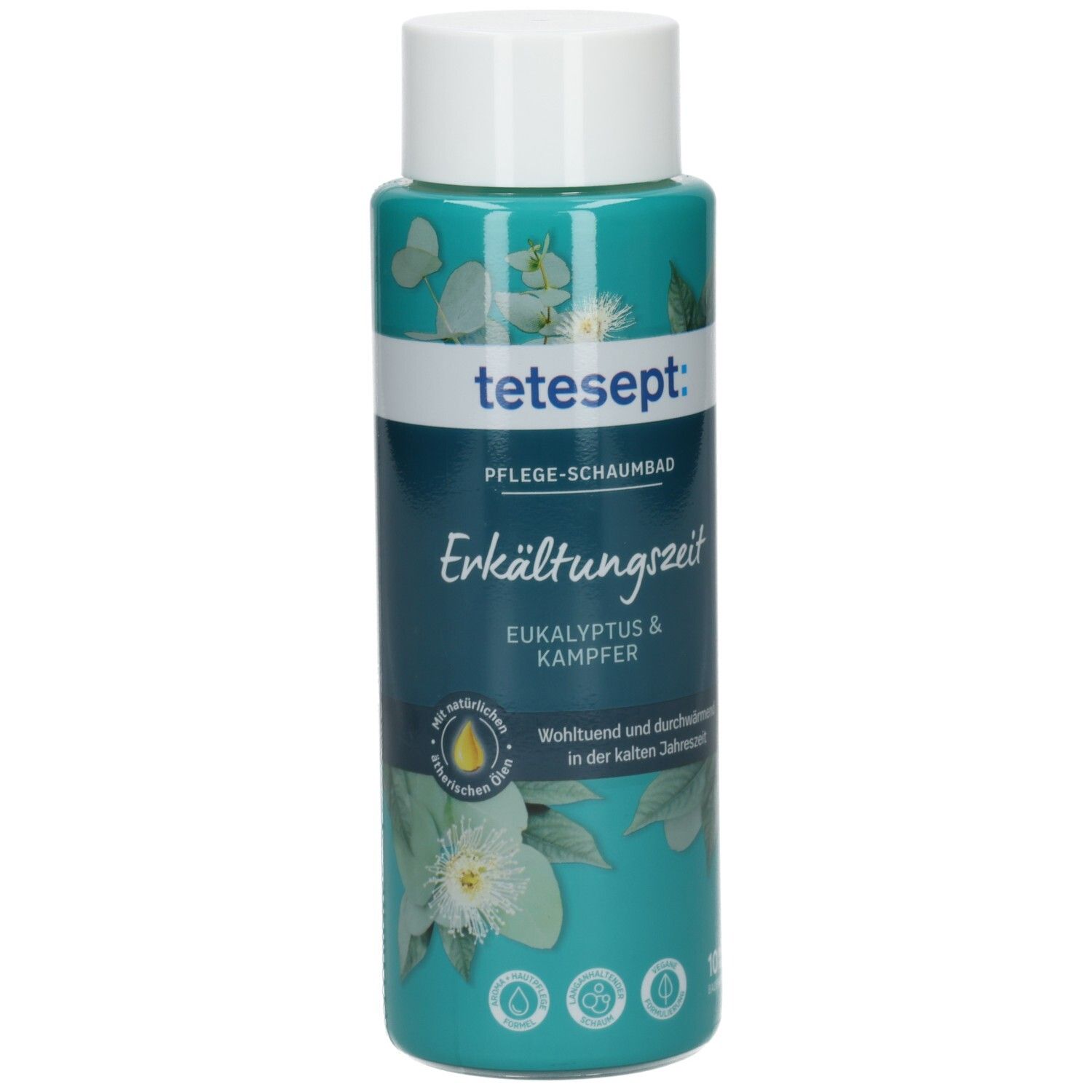 TETESEPT Pflege-Schaumbad Erkältungszeit. Flasche mit weißem Deckel. Türkis-farbenes Etikett mit floralen Motiven und Produktnamen.