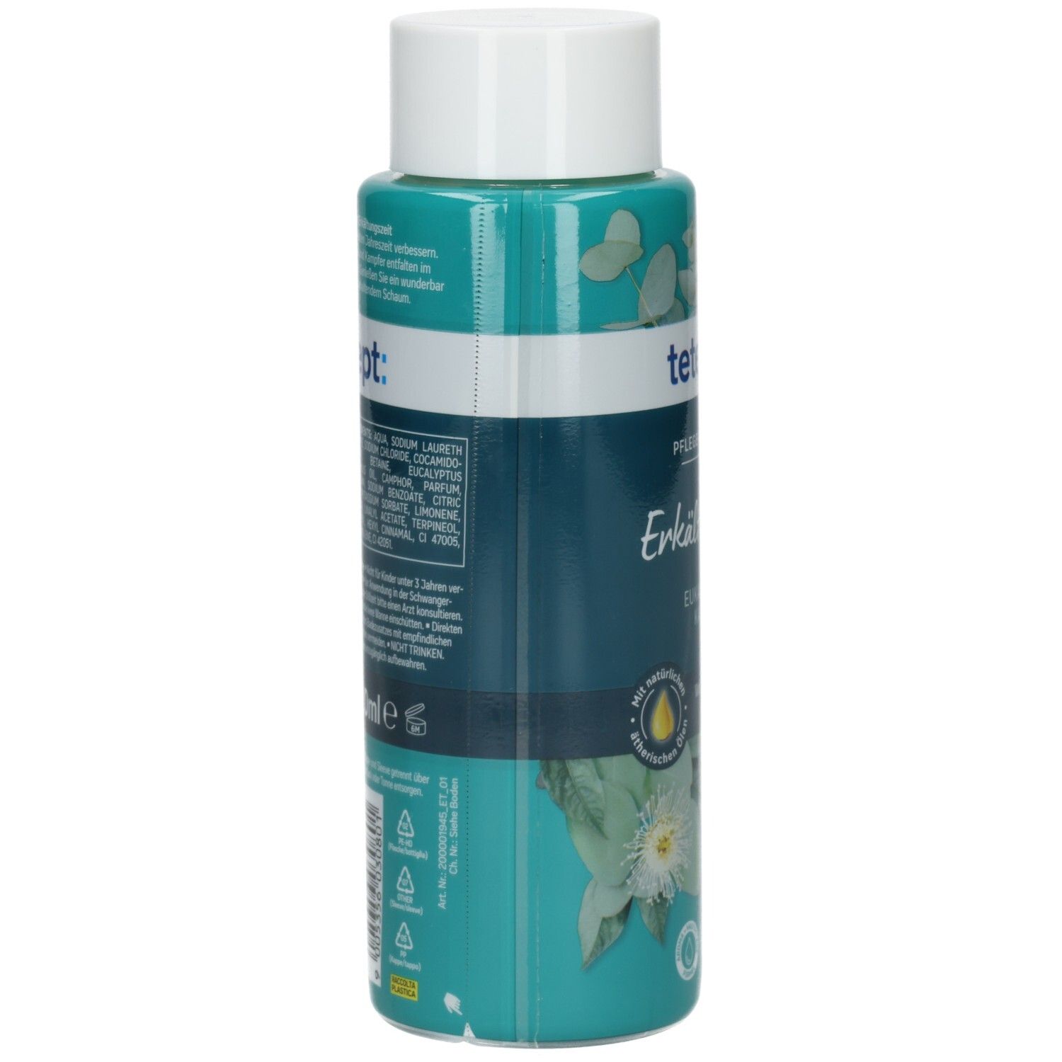 Rückseite der TETESEPT Erkältungszeit Flasche. Türkis-farbenes Etikett mit Produktinformationen und Inhaltsstoffen.