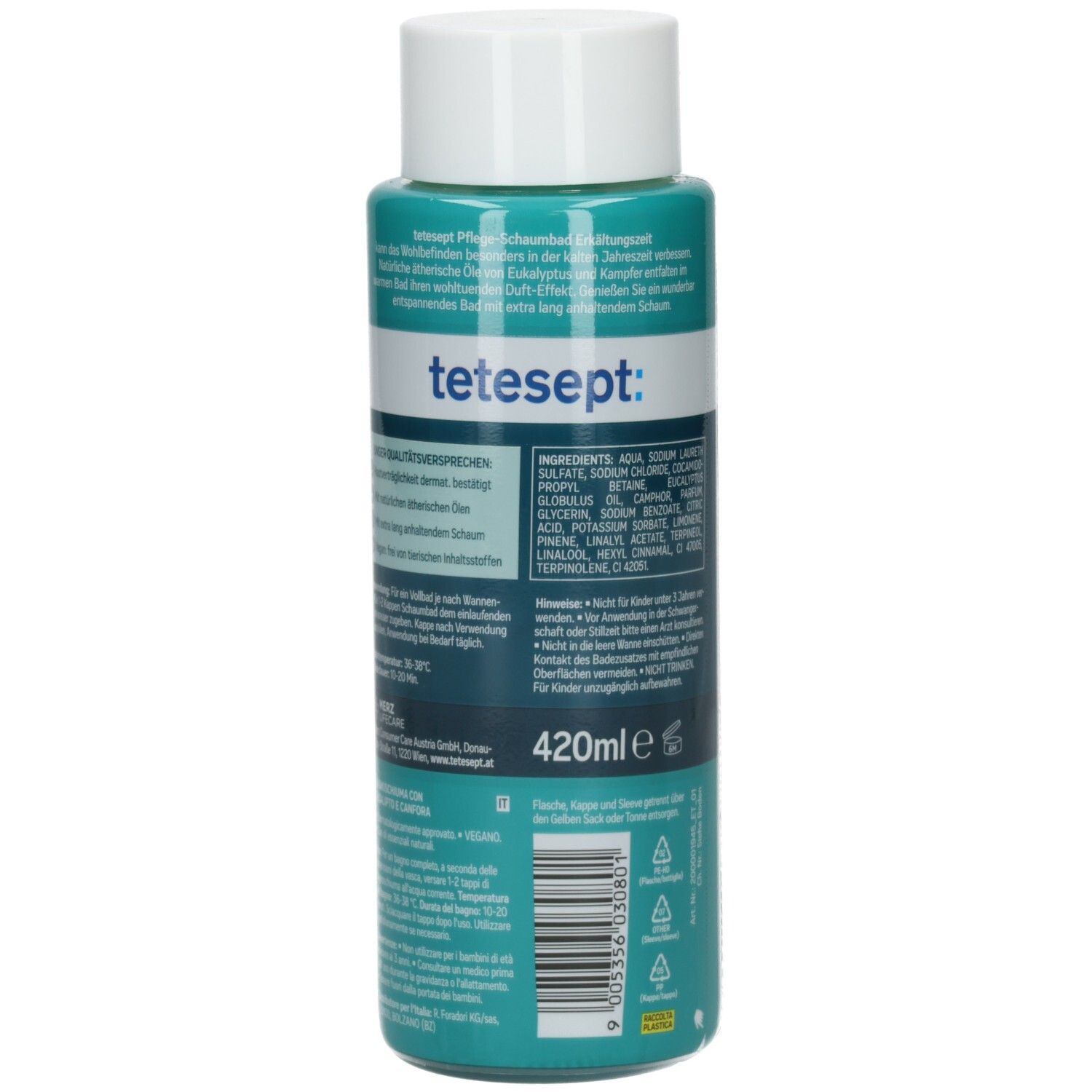 Rückseite der TETESEPT Erkältungszeit Flasche. Türkis-farbenes Etikett mit Produktinformationen und Inhaltsstoffen. 420ml.