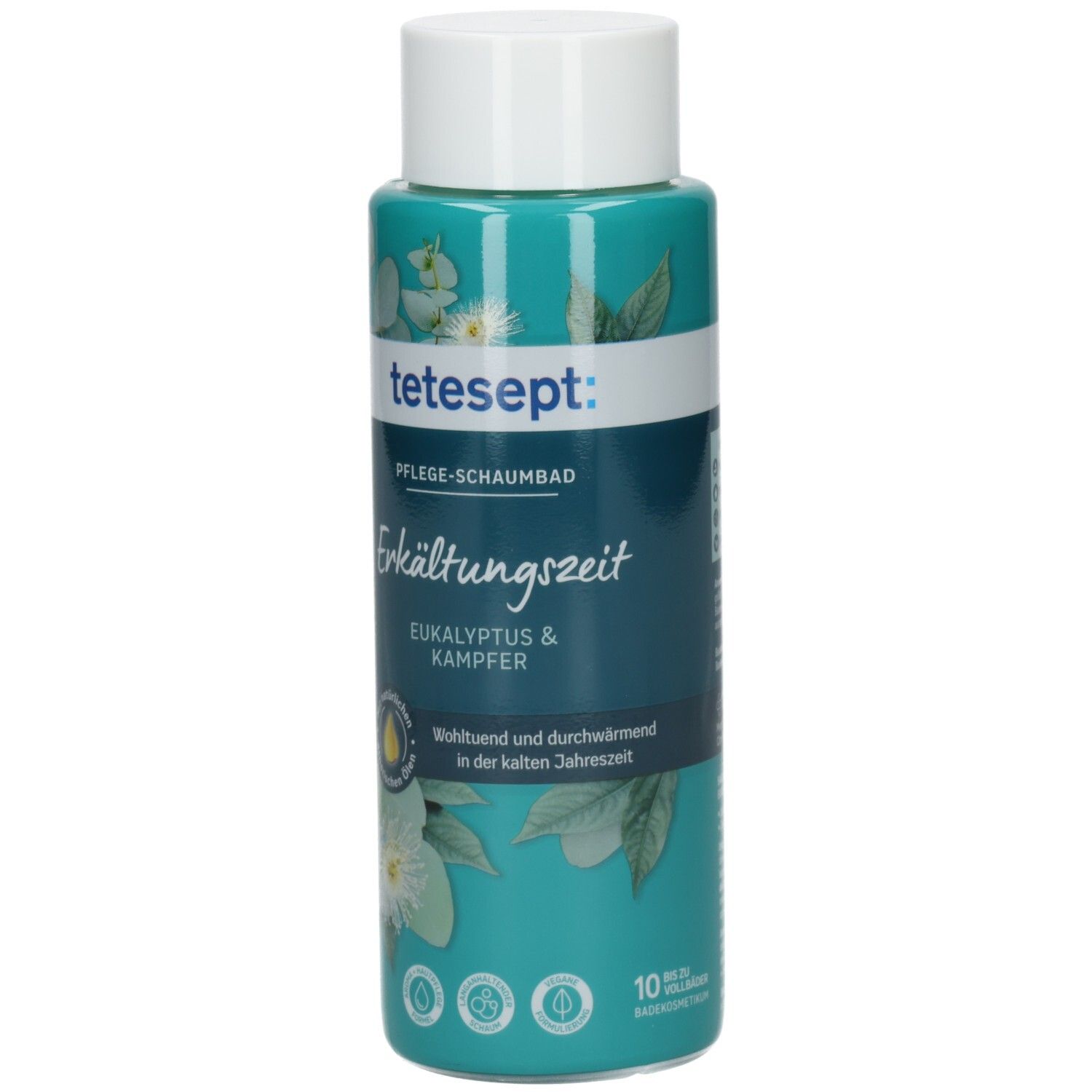 TETESEPT Pflege-Schaumbad Erkältungszeit. Flasche mit weißem Deckel. Türkis-farbenes Etikett mit floralen Motiven und Produktnamen.