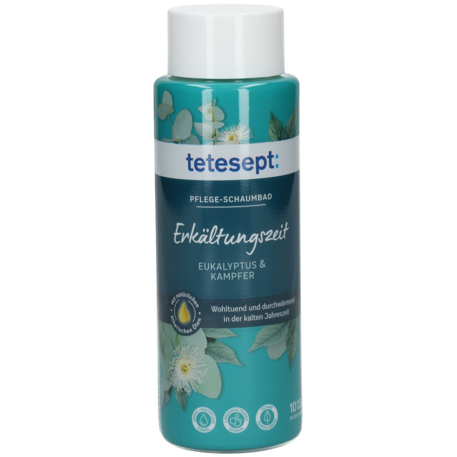 TETESEPT Pflege-Schaumbad Erkältungszeit. Flasche mit weißem Deckel. Türkis-farbenes Etikett mit floralen Motiven und Produktnamen.