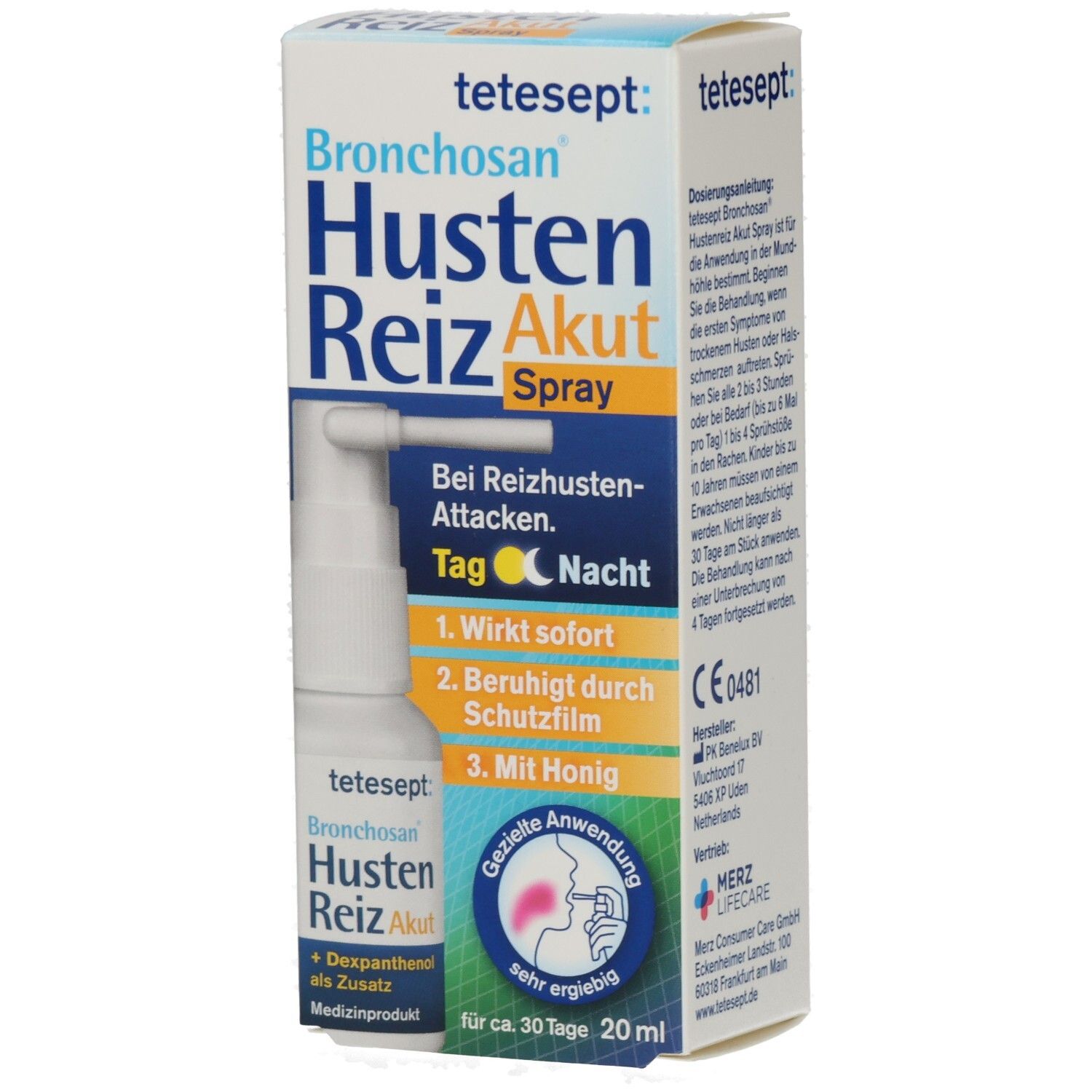Weißer Sprayflakon mit Sprühkopf in Faltschachtel. Beschriftung: Bronchosan Husten Reiz Akut Spray. Text: Bei Reizhusten-Attacken. Mit Honig.