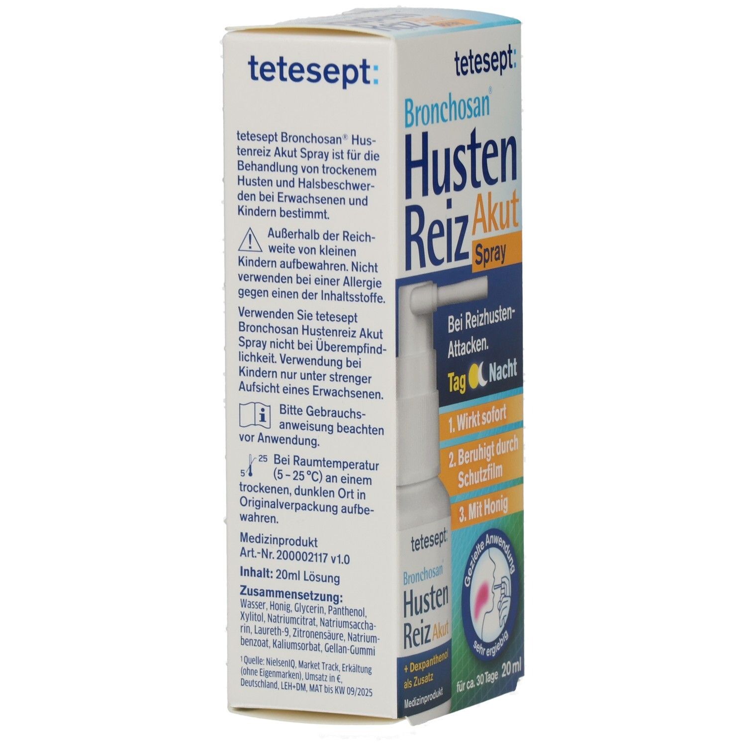 Weiße Faltschachtel mit Produktinformationen. Beschriftung: Bronchosan Husten Reiz Akut Spray. Text: Bei Reizhusten-Attacken. Medizinprodukt.