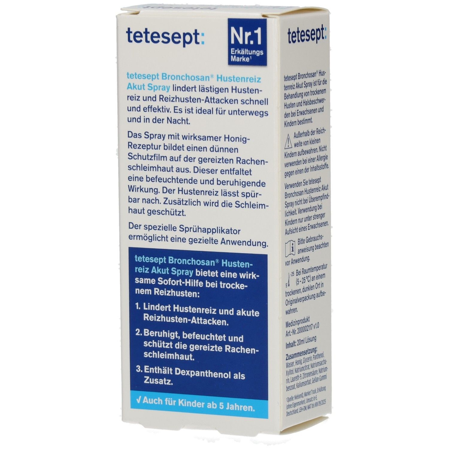 Weiße Faltschachtel mit Produktinformationen. Beschriftung: Bronchosan Husten Reiz Akut Spray. Text: Lindert Hustenreiz. Auch für Kinder ab 5 Jahren.