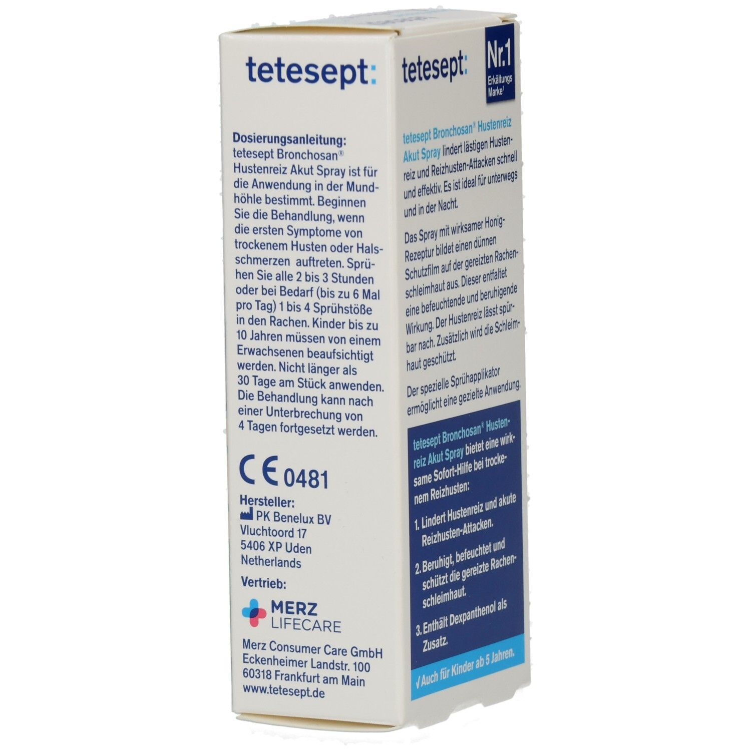 Weiße Faltschachtel mit Produktinformationen. Beschriftung: Bronchosan Husten Reiz Akut Spray. Text: Dosierungsanleitung. CE-Kennzeichnung.
