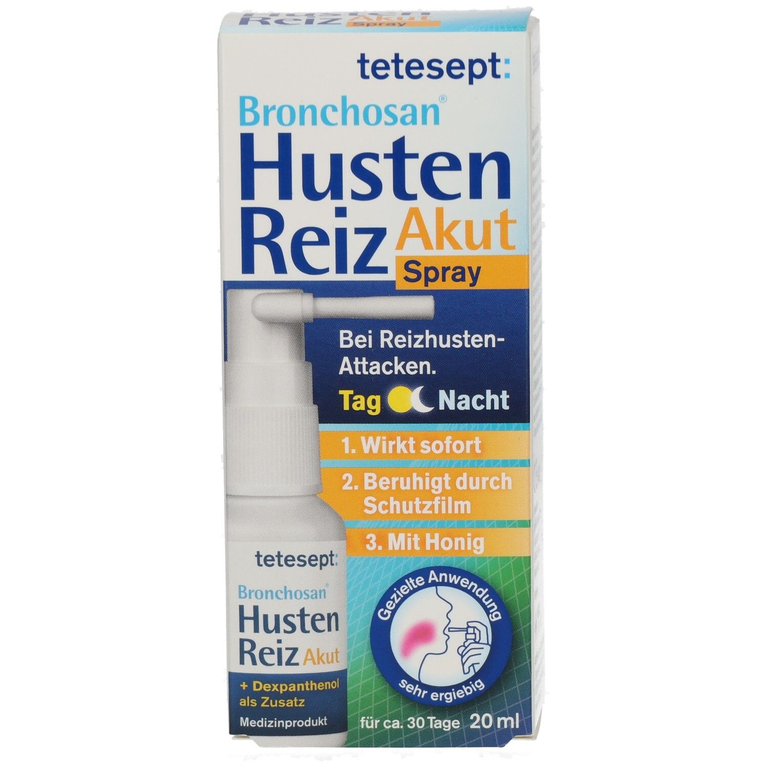 Weißer Sprayflakon mit Sprühkopf in Faltschachtel. Beschriftung: Bronchosan Husten Reiz Akut Spray. Text: Bei Reizhusten-Attacken. Mit Honig.