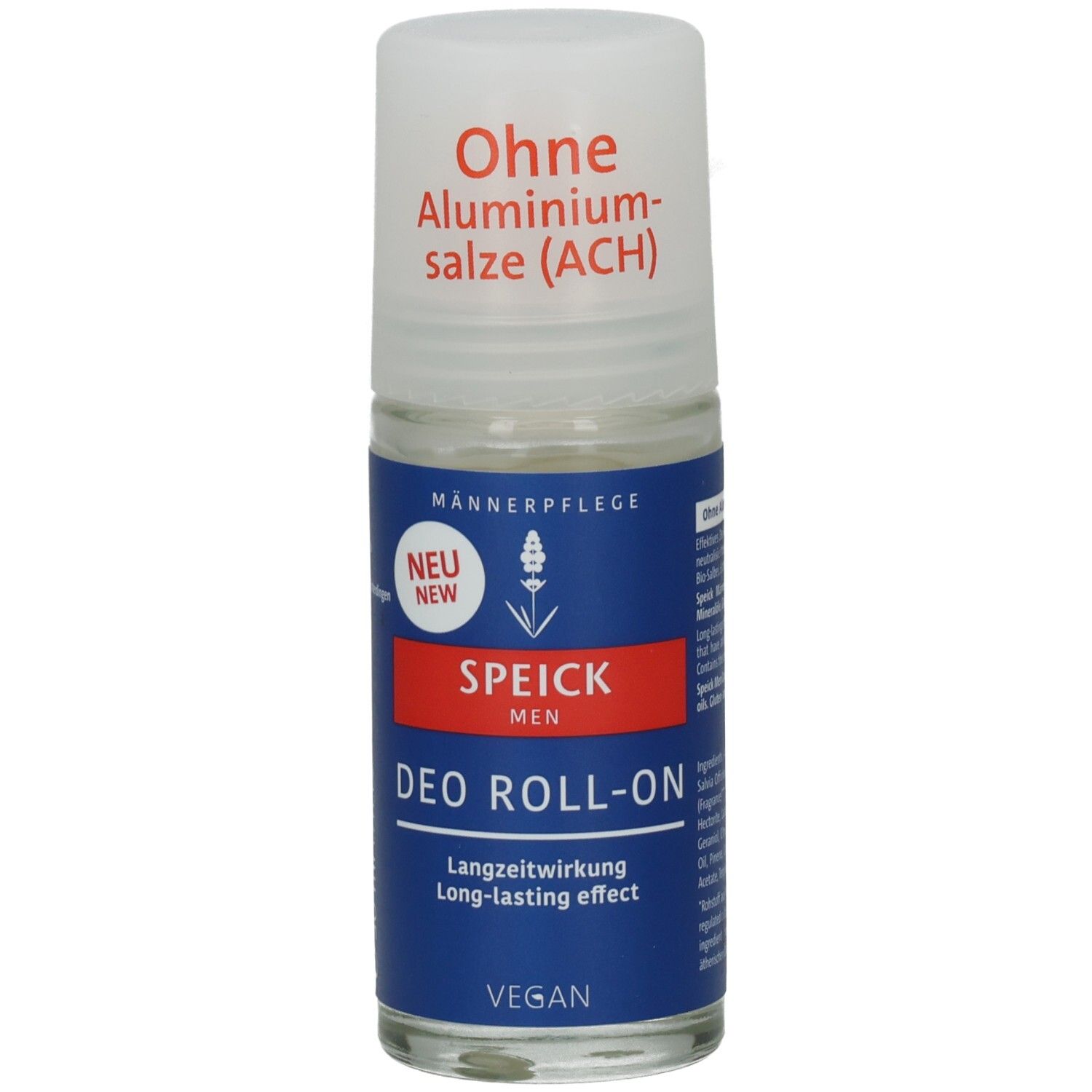 Deo Roll-on für Männer. Weiße Kappe, transparente Flasche mit blauem Etikett. Text: Ohne Aluminiumsalze, Speick Men, Vegan.
