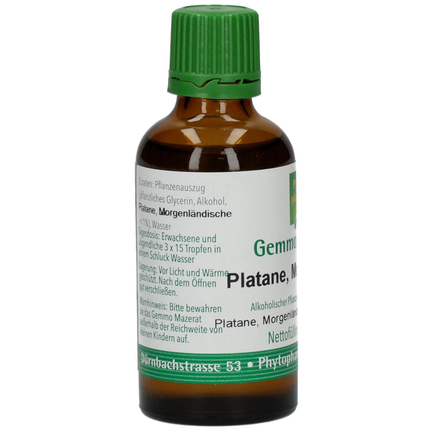 Braune Glasflasche mit grünem Deckel. Etikett mit Produktinformationen. Text: Gemmo Mazerat Platane, Morgenländische, Alkohol.