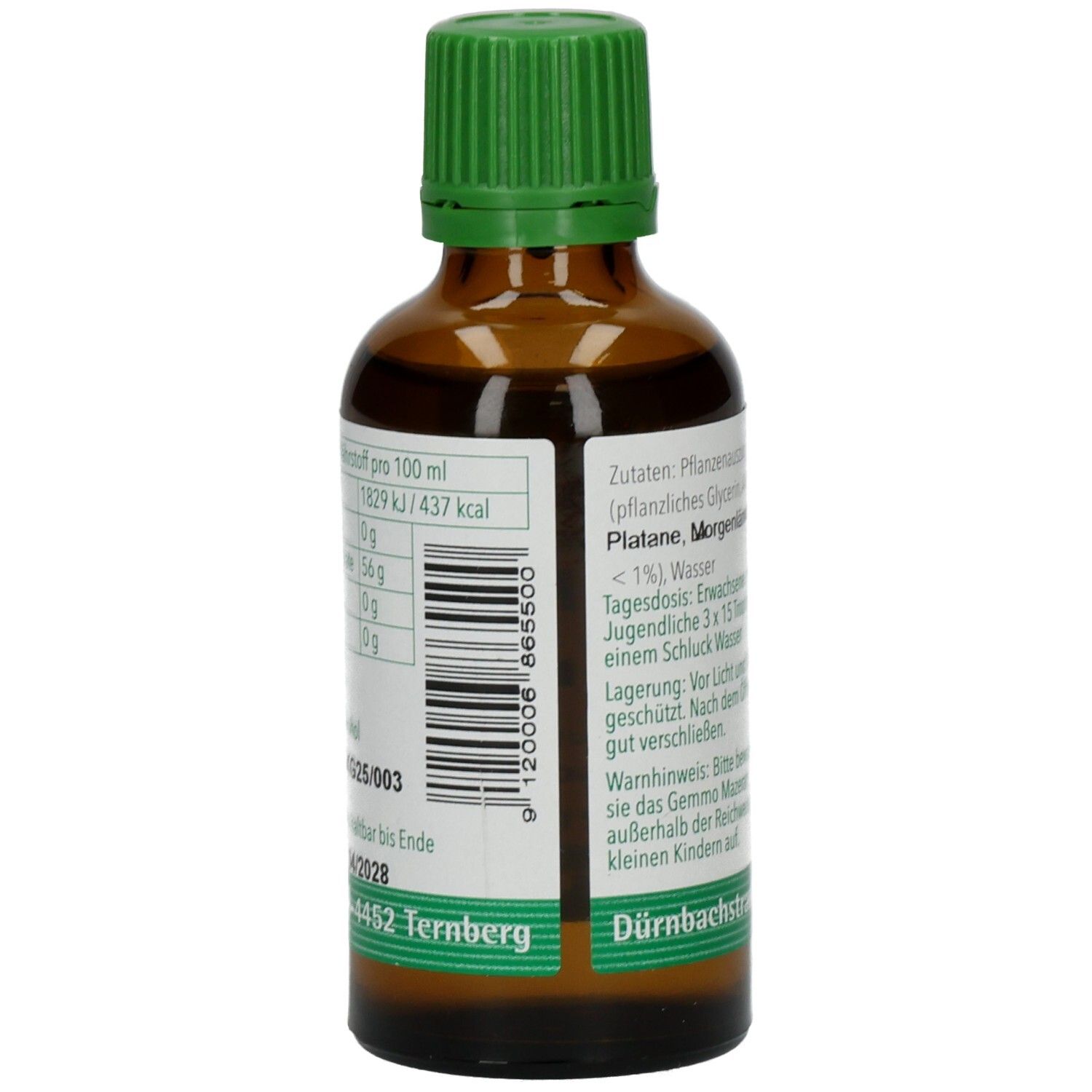 Braune Glasflasche mit grünem Deckel. Rückseitenetikett mit Inhaltsstoffen und Nährwertangaben. Text: Gemmo Mazerat.