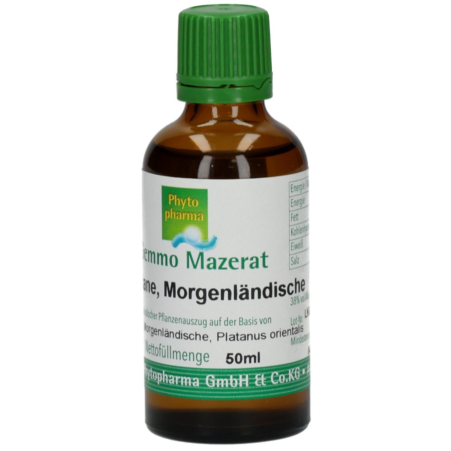 Braune Glasflasche mit grünem Deckel. Etikett mit Produktnamen und Logo. Text: Gemmo Mazerat Platane, Morgenländische, 50ml.