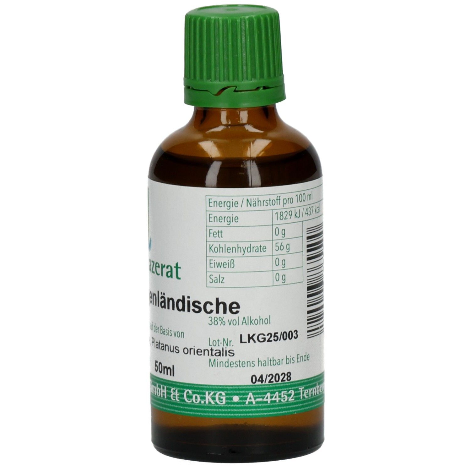 Braune Glasflasche mit grünem Deckel. Etikett mit Produktinformationen und Haltbarkeitsdatum. Text: Gemmo Mazerat, 38% Alkohol.