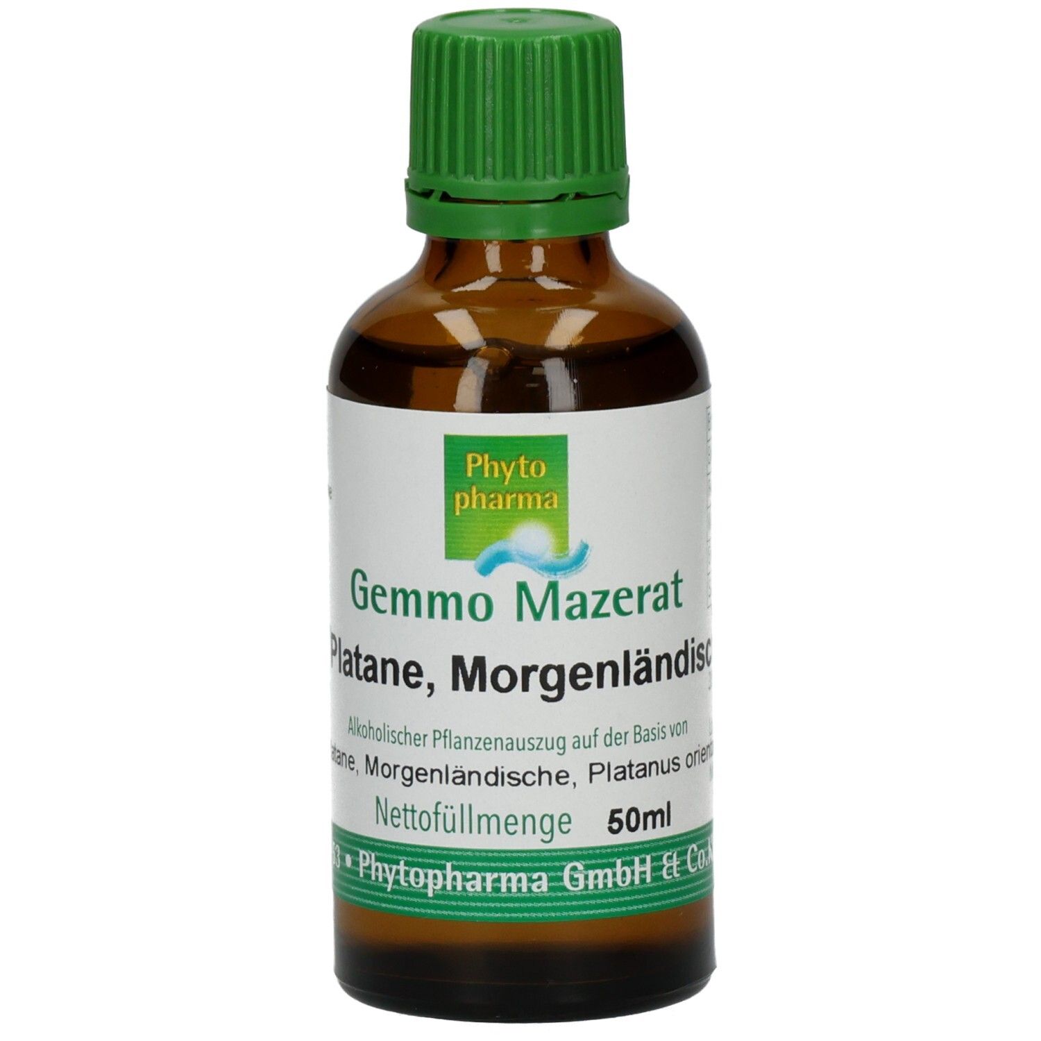 Braune Glasflasche mit grünem Deckel. Etikett mit Produktnamen und Logo. Text: Gemmo Mazerat Platane, Morgenländische, 50ml.