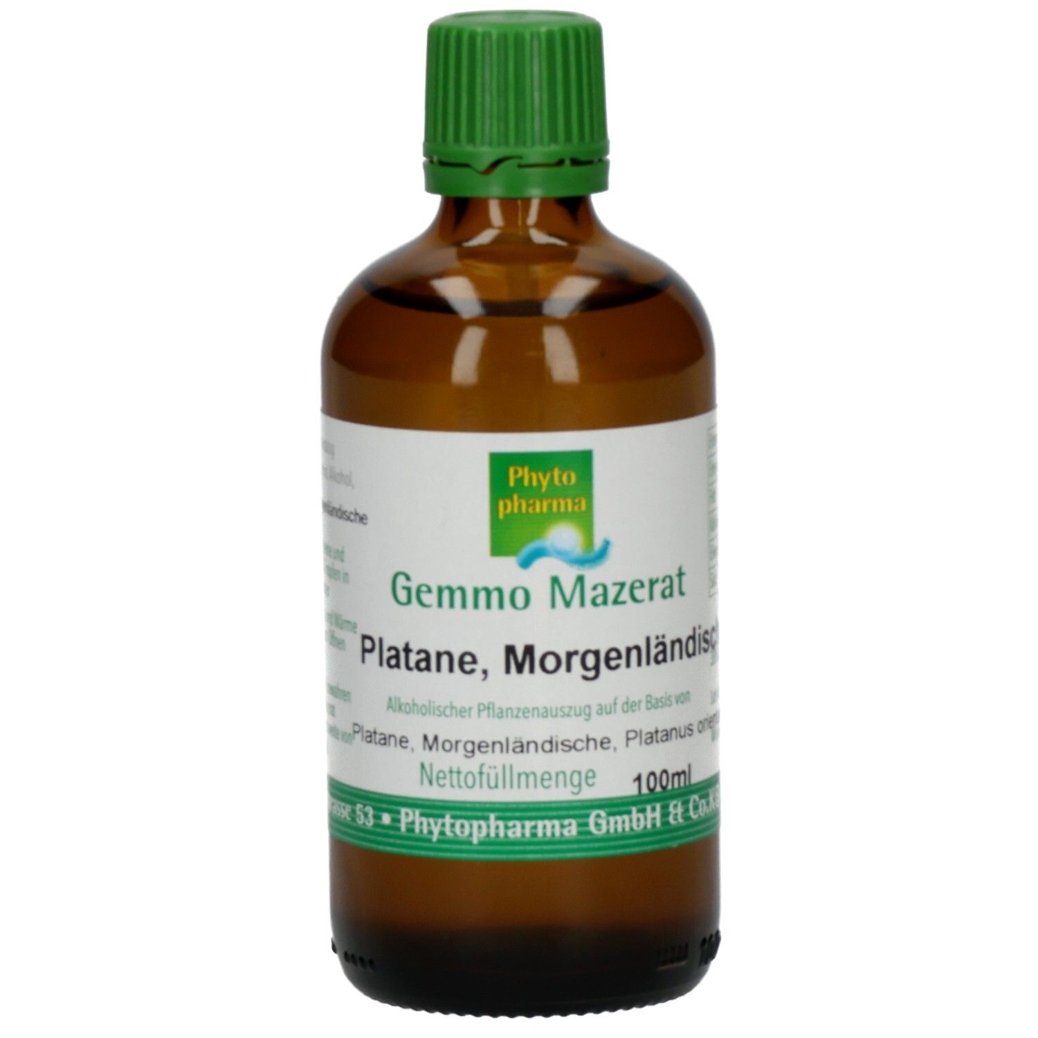 Braune Glasflasche mit grünem Verschluss. Etikett mit Produktnamen und Logo. 100ml. Phyto pharma.