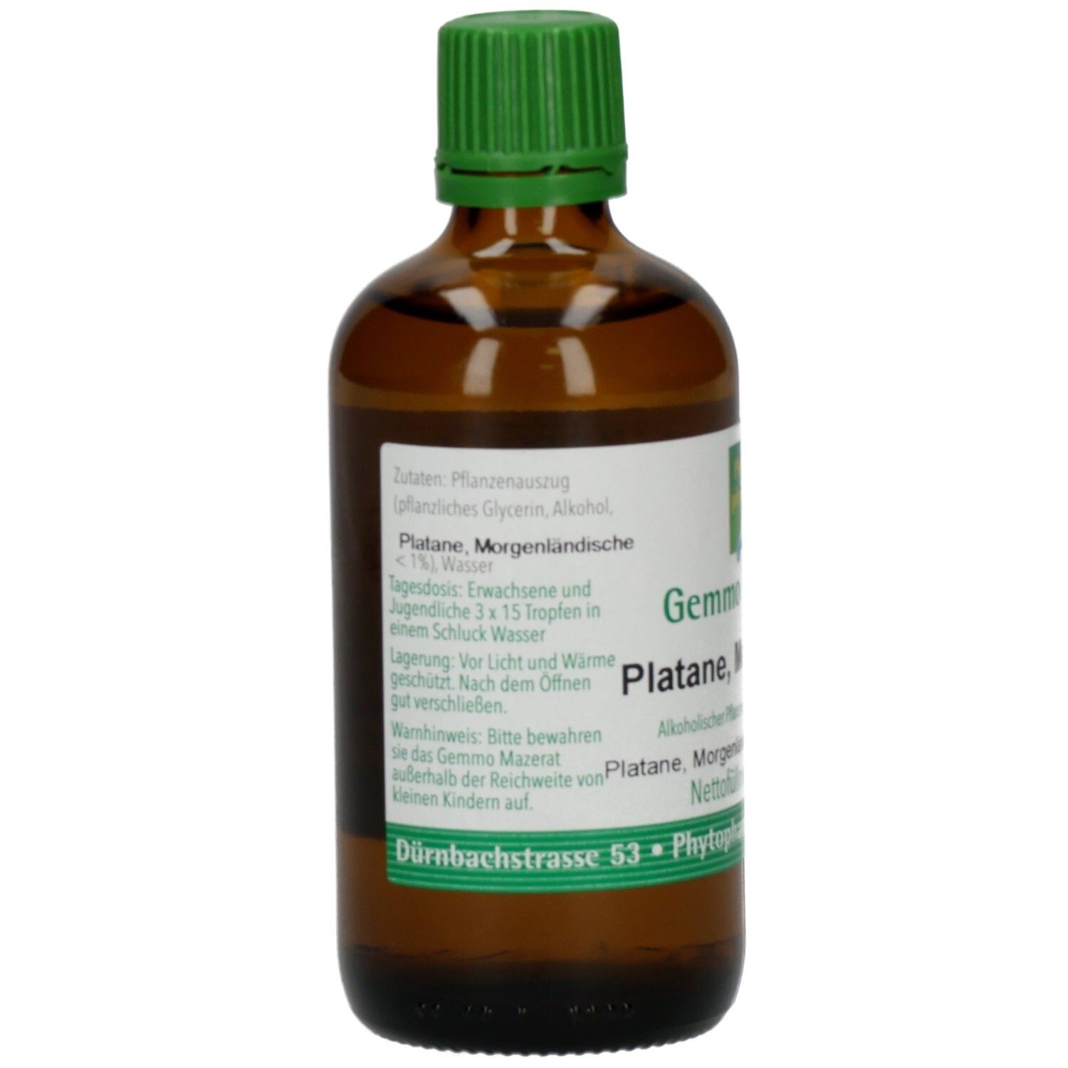 Braune Glasflasche mit grünem Verschluss. Etikett mit Produktinformationen. Phyto pharma.