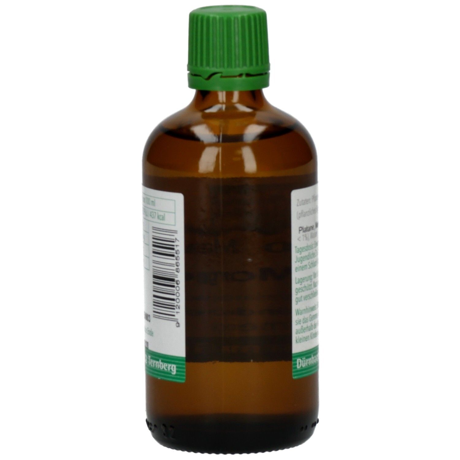 Braune Glasflasche mit grünem Verschluss. Etikett mit Barcode und Produktinformationen. Phyto pharma.