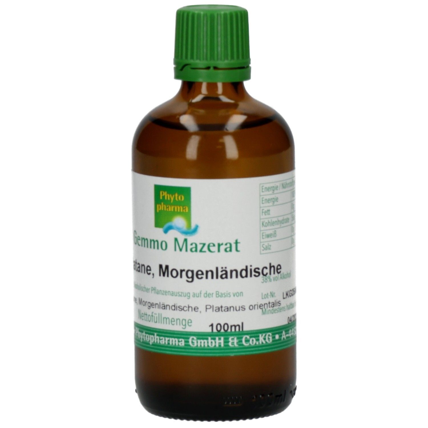 Braune Glasflasche mit grünem Verschluss. Etikett mit Produktnamen und Logo. 100ml. Phyto pharma.