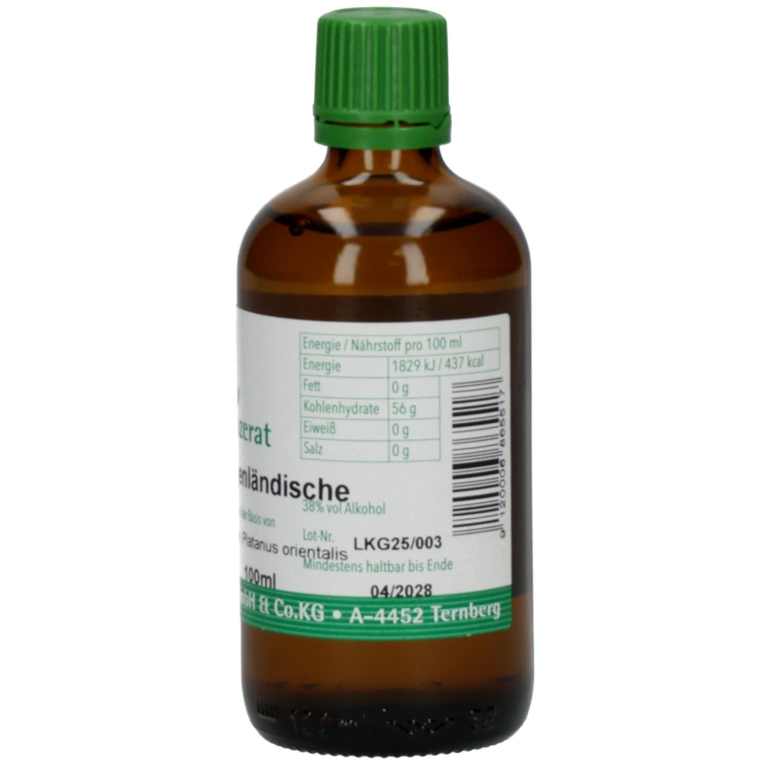 Braune Glasflasche mit grünem Verschluss. Etikett mit Nährwertangaben und Mindesthaltbarkeitsdatum. Phyto pharma.