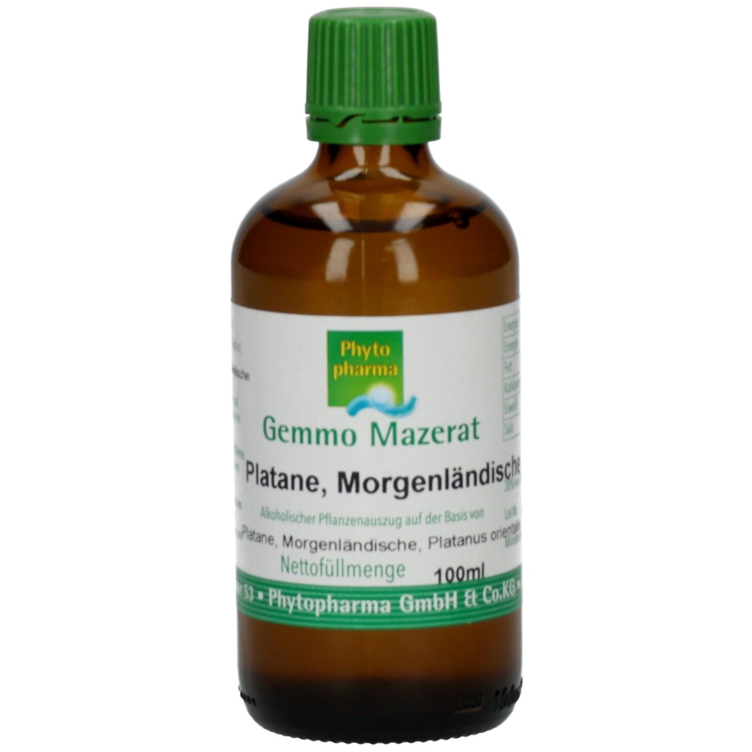 Braune Glasflasche mit grünem Verschluss. Etikett mit Produktnamen und Logo. 100ml. Phyto pharma.