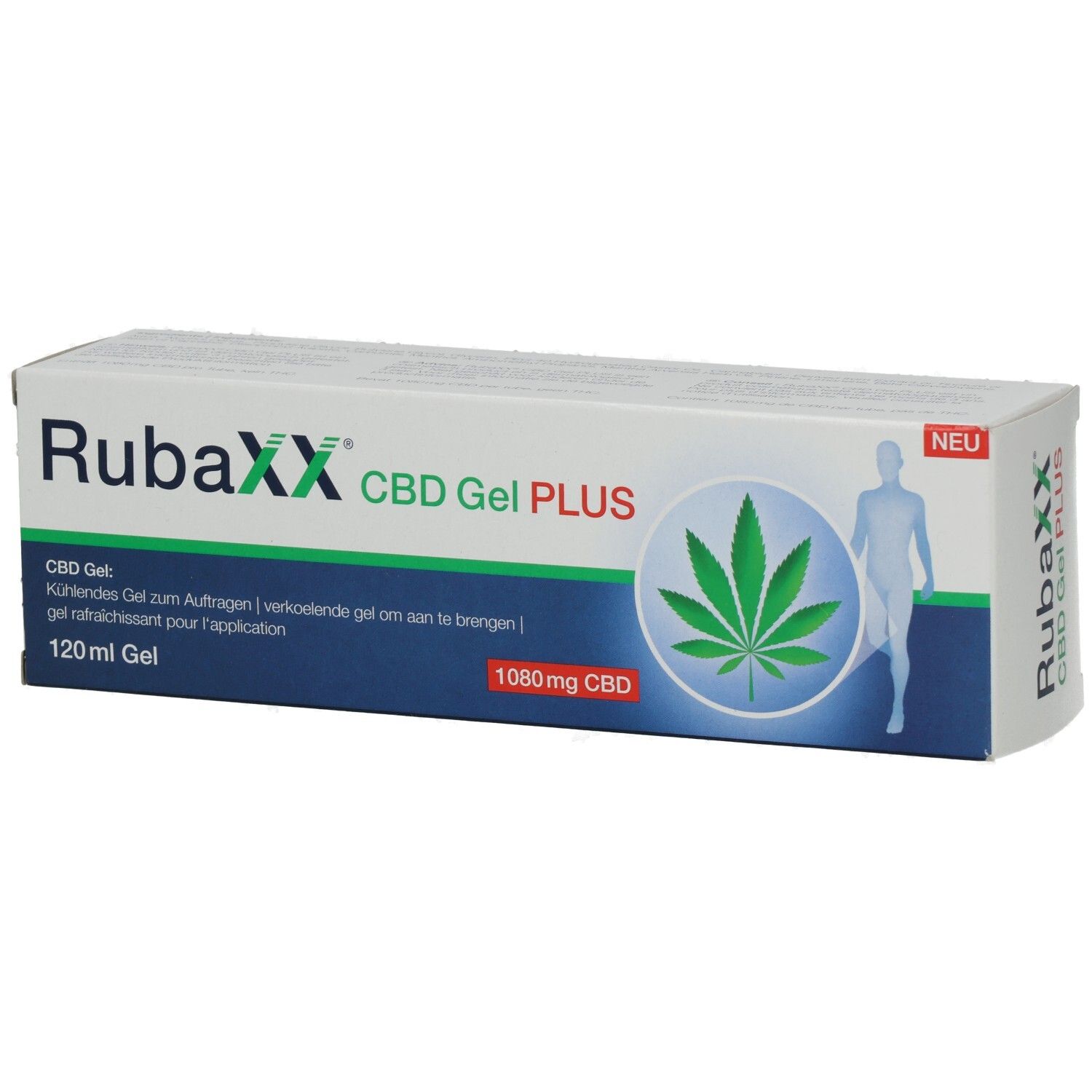 Verpackung von RubaXX CBD Gel PLUS. Weiß, mit Produktnamen, Hanfblatt-Grafik und 1080mg CBD-Angabe. "NEU"-Label.
