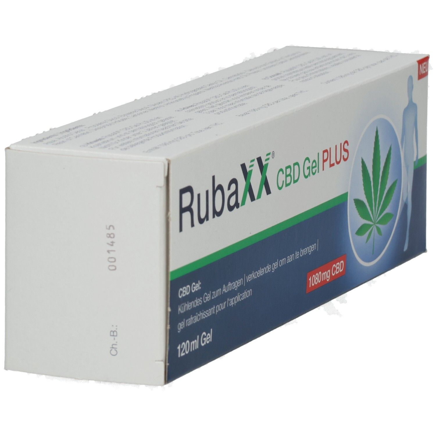RubaXX CBD Gel PLUS-Verpackung. Weiß, mit Produktnamen, Hanfblatt-Grafik und 1080mg CBD-Angabe. "NEU"-Label.