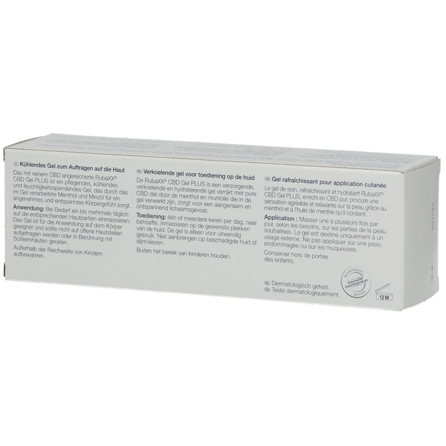 Rückseite der RubaXX CBD Gel PLUS-Verpackung. Text in Deutsch, Niederländisch und Französisch. Dermatologisch getestet.