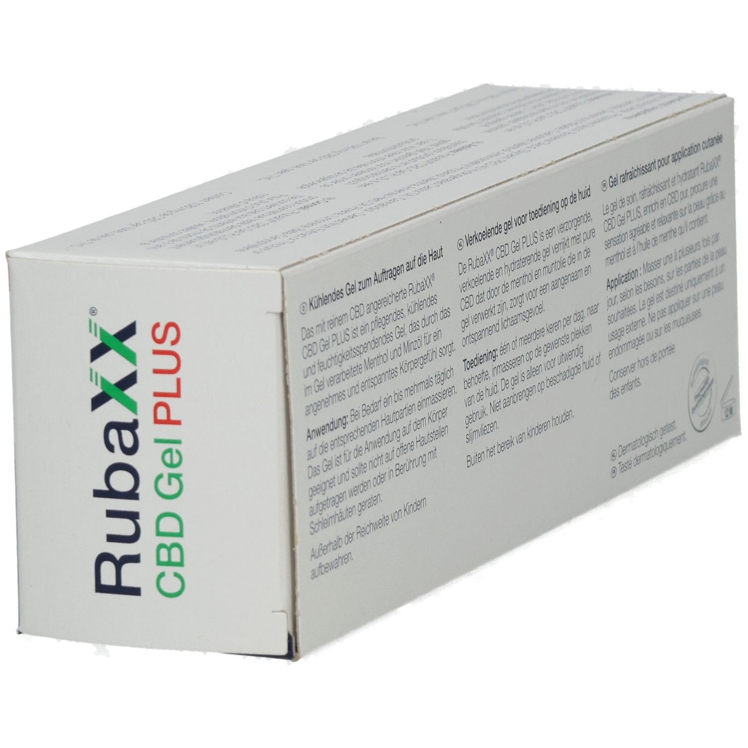 RubaXX CBD Gel PLUS-Verpackung. Weiß, mit Produktnamen. Text in Deutsch, Niederländisch und Französisch.
