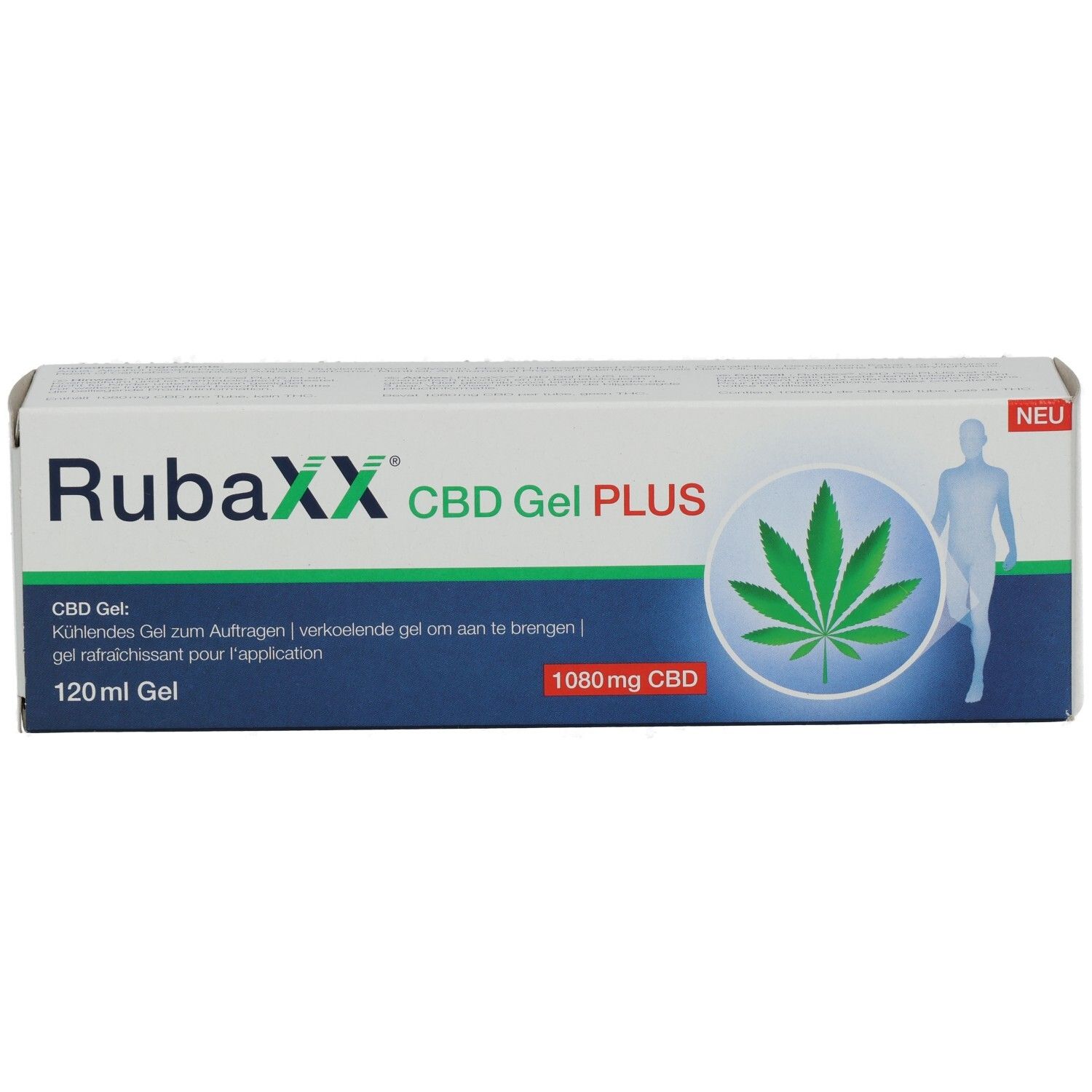 Verpackung von RubaXX CBD Gel PLUS. Weiß, mit Produktnamen, Hanfblatt-Grafik und 1080mg CBD-Angabe. "NEU"-Label.