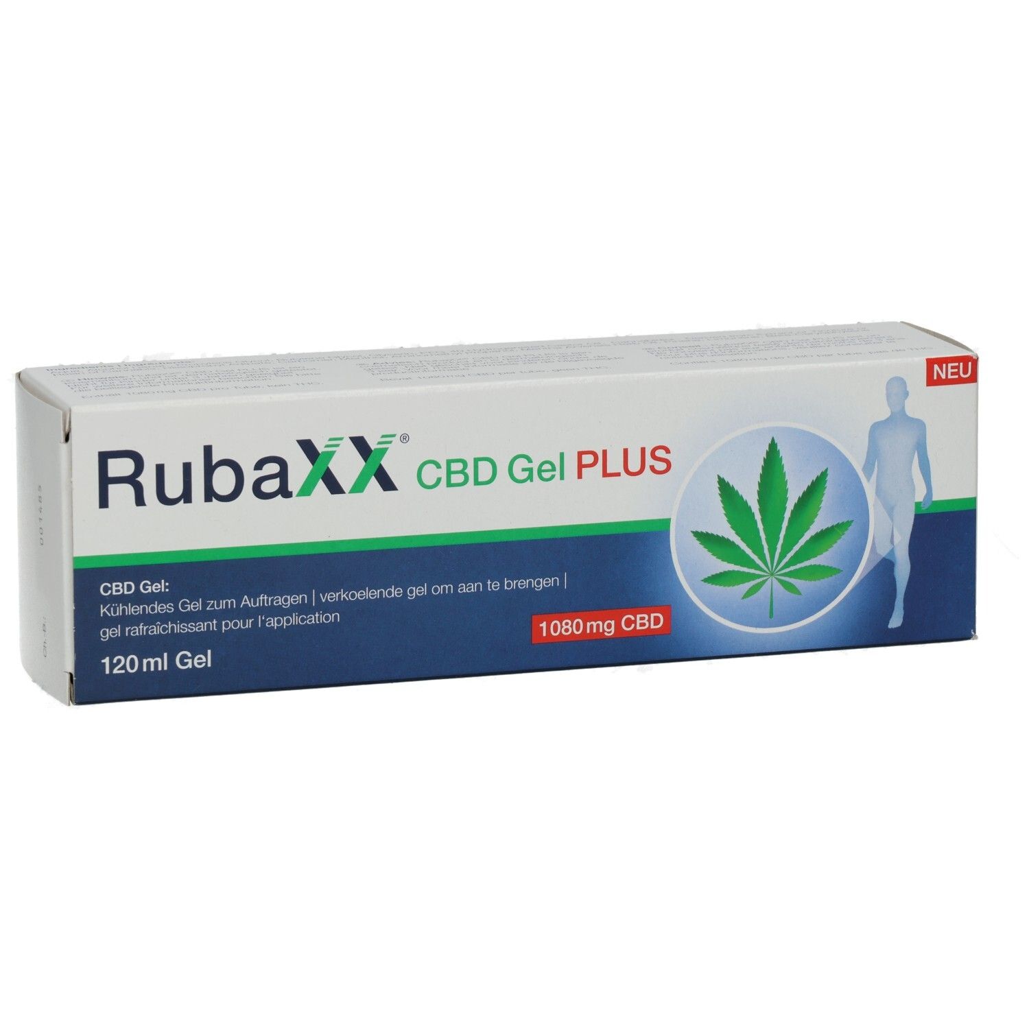 Verpackung von RubaXX CBD Gel PLUS. Weiß, mit Produktnamen, Hanfblatt-Grafik und 1080mg CBD-Angabe. "NEU"-Label.