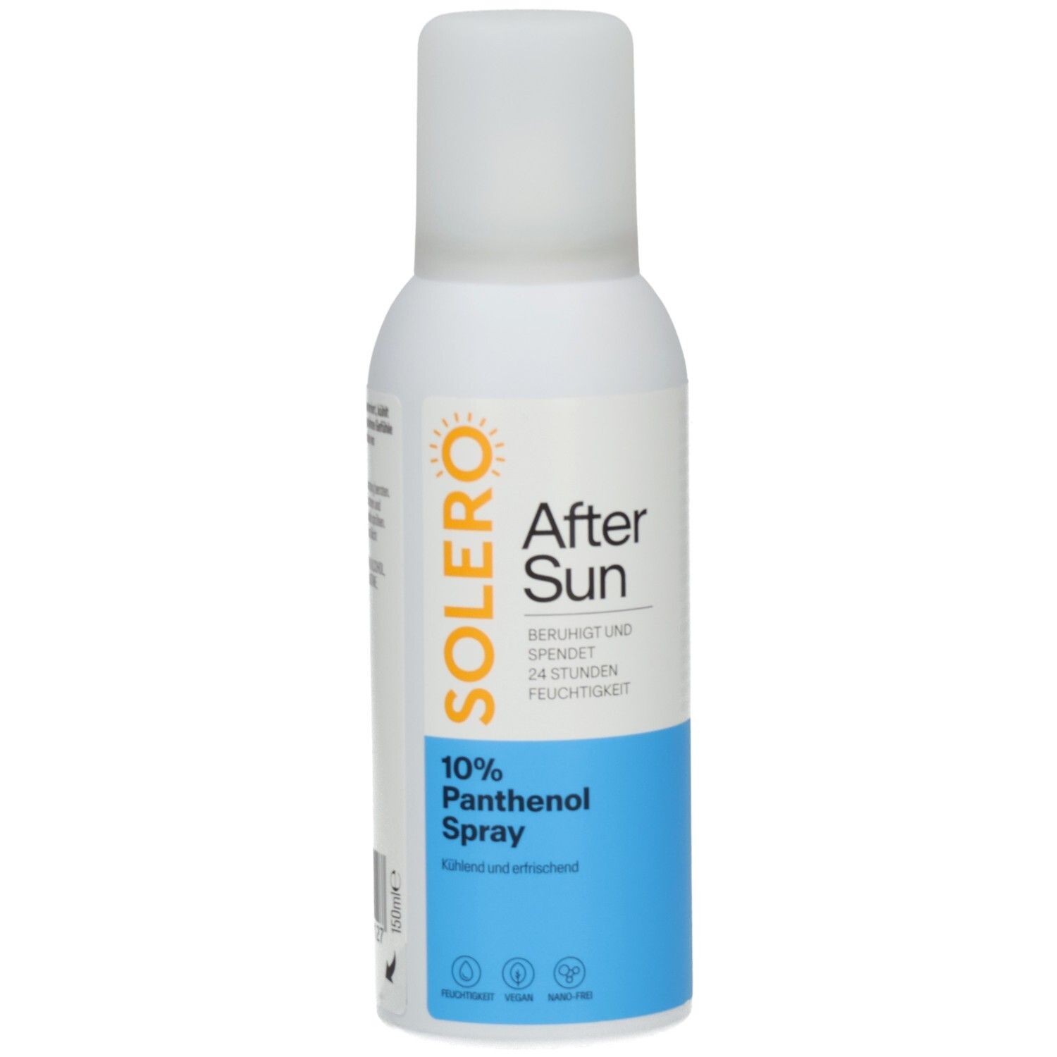 Weiße Sprühflasche mit blauem Abschnitt. SOLERO After Sun 10% Panthenol Spray. Text und Logos.