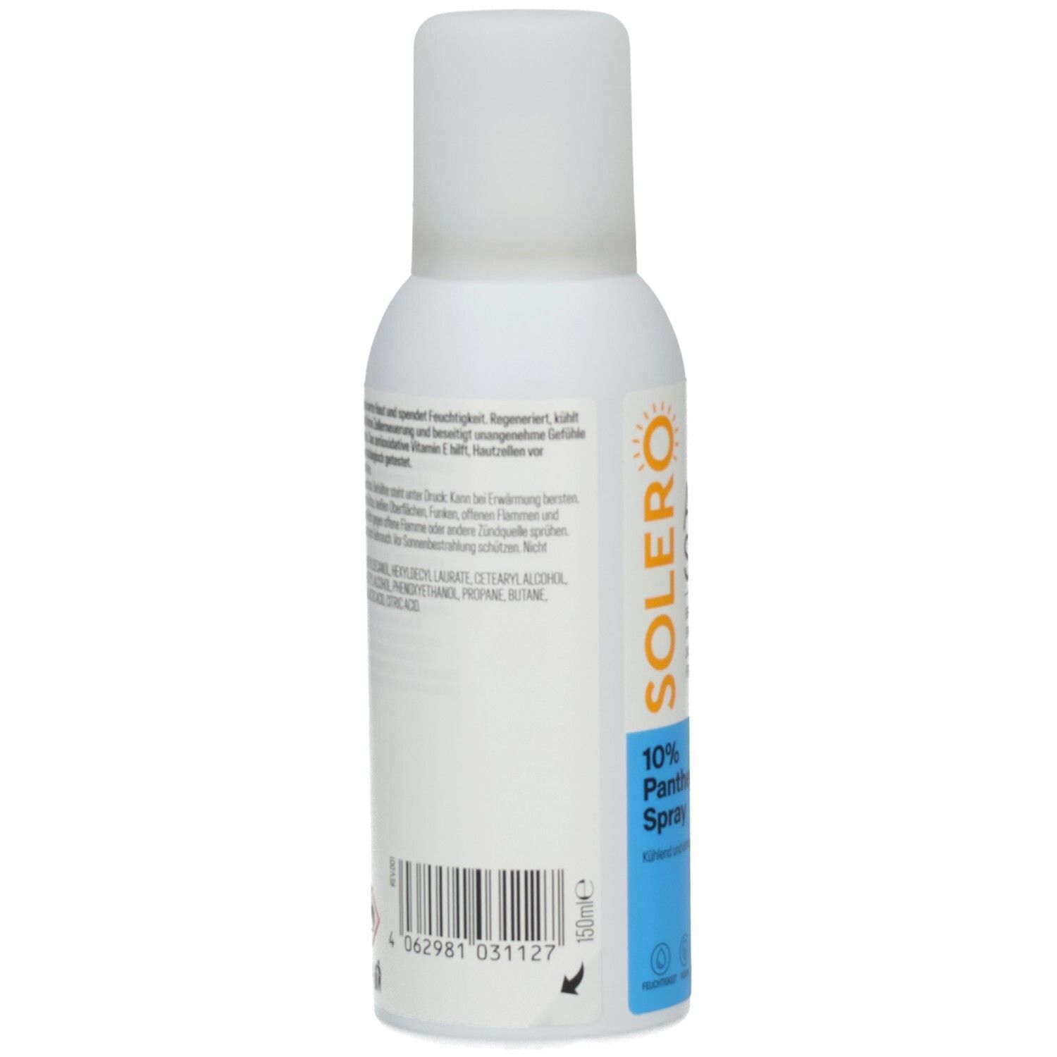 Rückseite der weißen Sprühflasche. Barcode, Text und Logos. 150ml.