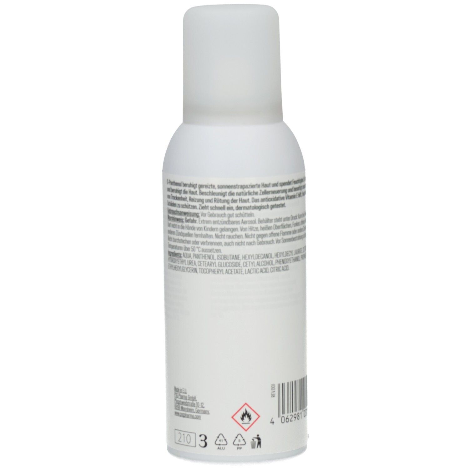Rückseite der weißen Sprühflasche. Text und Logos. Warnhinweise und Inhaltsstoffe.