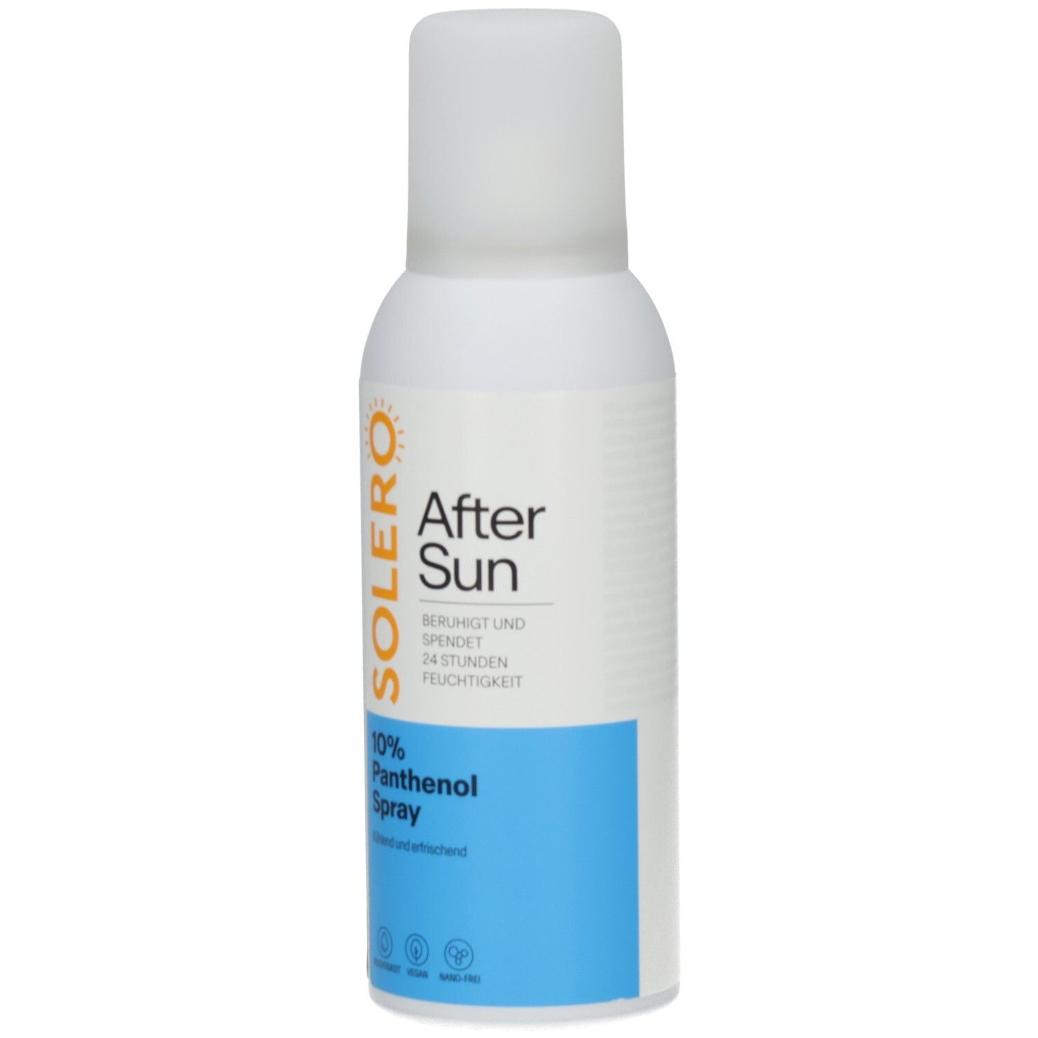 Weiße Sprühflasche mit blauem Abschnitt. SOLERO After Sun 10% Panthenol Spray. Text und Logos.
